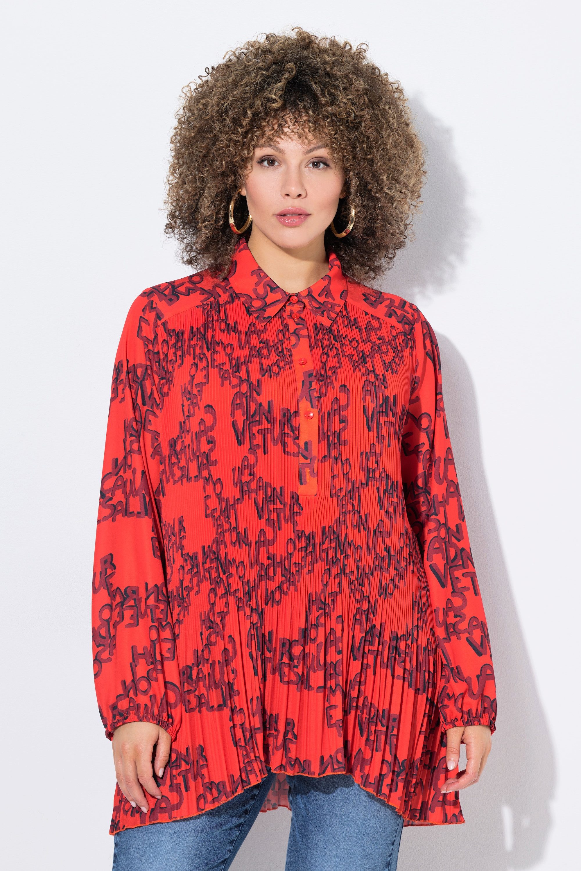 Ulla Popken Longbluse Plissee-Bluse Schriftmuster A-Linie Hemdkragen günstig online kaufen