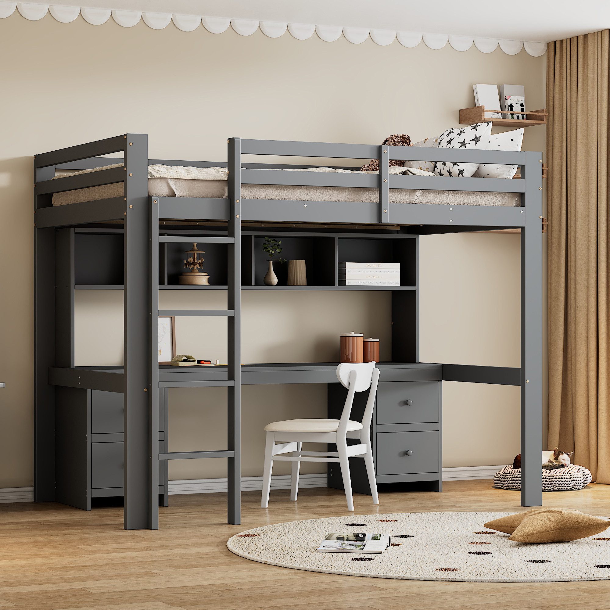 Celya Hochbett 90x200cm Kinderbett mit Tisch unten und Großer Stauraum