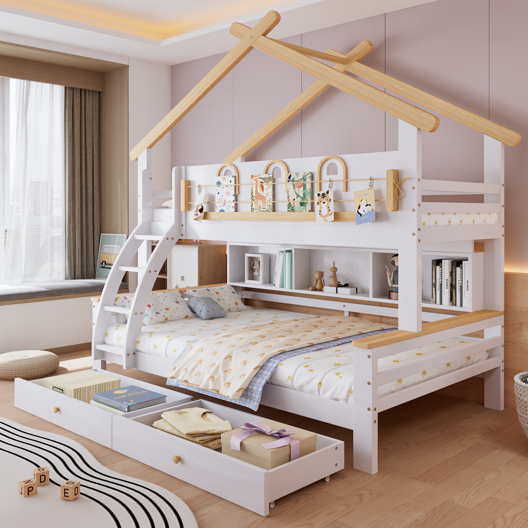 MODFU Etagenbett mit Rollschubladen (Kinderbett mit dekorativem Dach, vierstöckiger schräge Treppe, Stauraumbett 90x200cm&120x200cm), ohne Matratze