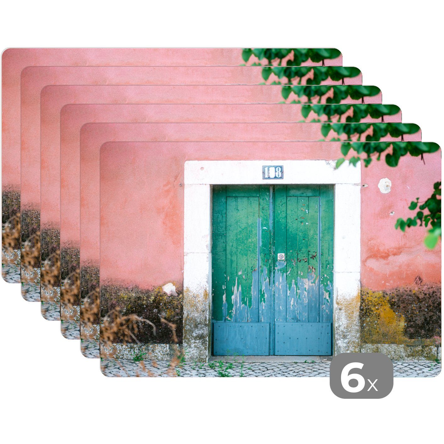 Platzset, Tür - Grün - Platzmatte, Schmutzabweisend Platzset, (6-St), Tischmatten, Farbe, Platzdecken, - Rosa MuchoWow