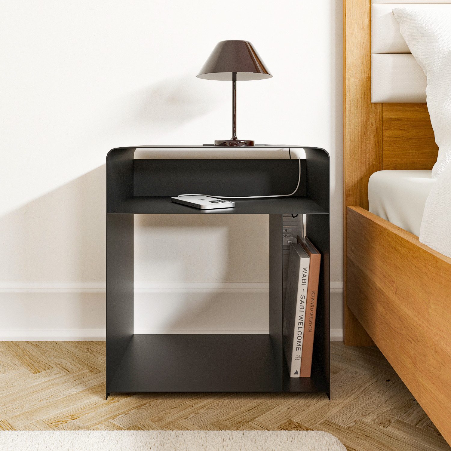 HEVVA Nachttisch ELY - Metall Schwarz/Weiß Matt für Schlafzimmer