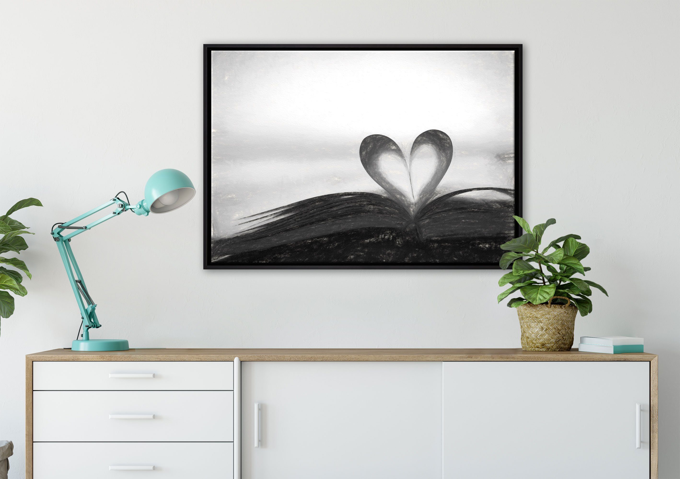Pixxprint Leinwandbild Herz aus einer einem Wanddekoration Schattenfugen-Bilderrahmen inkl. in Leinwandbild Buchseite, Zackenaufhänger St), bespannt, fertig (1 gefasst