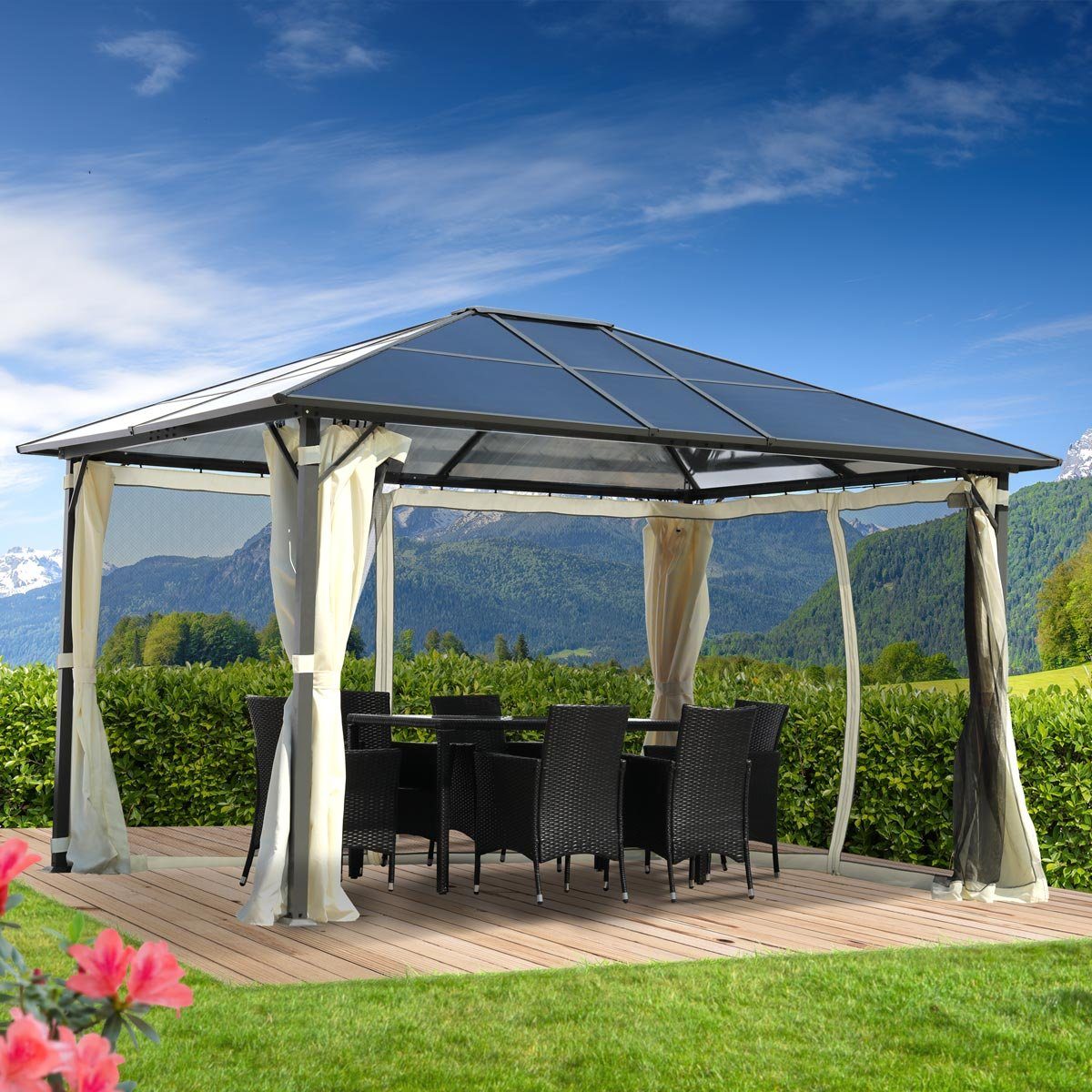 BRAST Pavillon Premium Aluminium Größen 3x4m 3,6x4,8m Moskitonetz, LED TÜV  geprüft wasserdicht UV-Schutz festes Dach