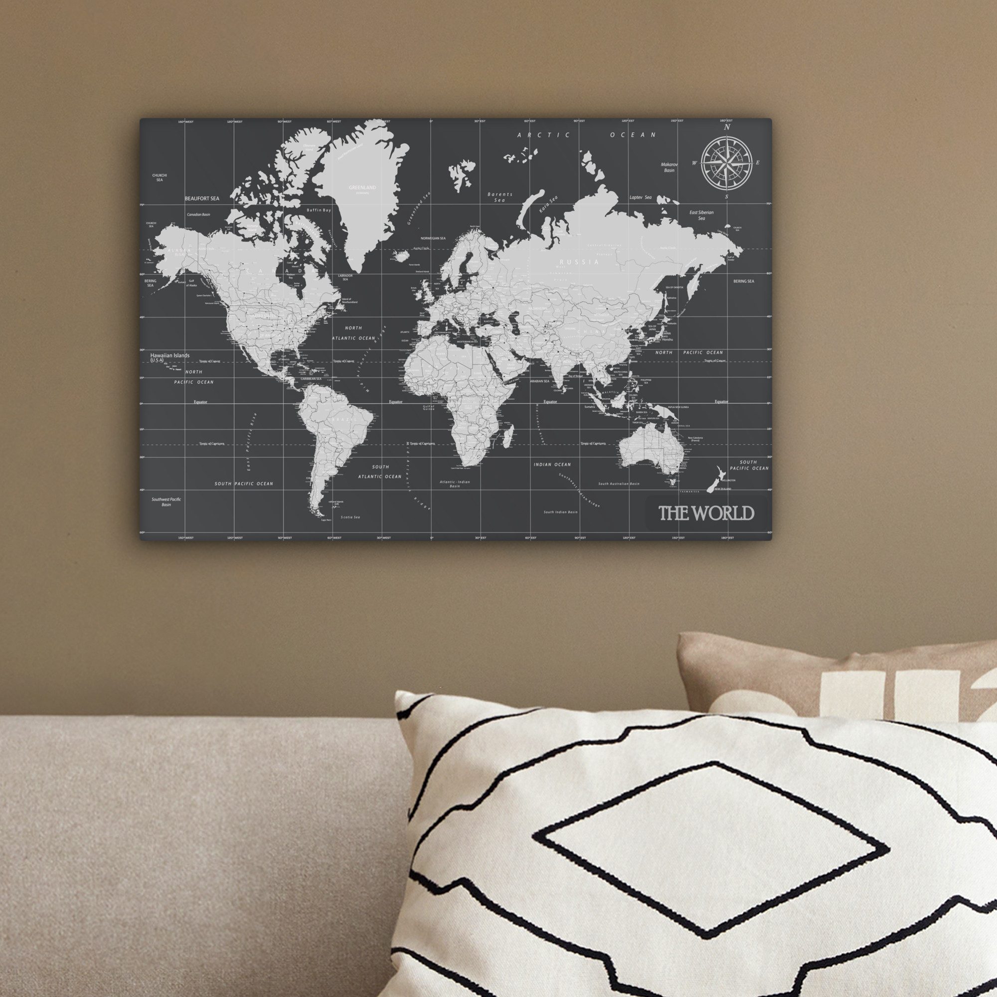 OneMillionCanvasses® Leinwandbild Weltkarte - Schwarz - Weiß - Welt, Fotodruck (1 St), Leinwand Bilder Klein, Wand Dekoration Aesthetic 30x20 cm – Bild 4 von 5