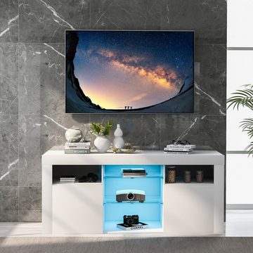 OKWISH TV-Schrank TV-Tisch, TV-Ständer mit 2 Schränken mit Türen und 5 offenen Regalen (Hochglanz-TV-Schrank Einstellbares LED-System, weiß 120*35*50cm Multifunktionale Aufbewahrung) TV-Möbel für bis zu 55 Zoll Fernseher