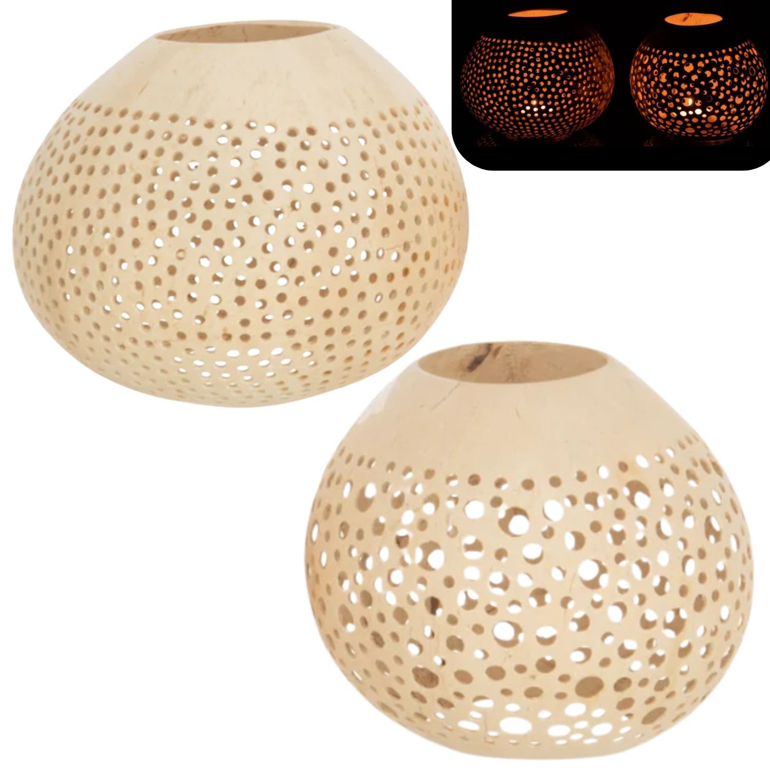 Marrakesch Orient & Mediterran Interior Teelichthalter J-Line Teelichthalter Kokosnuss 2er Set Natur 14 cm Windlicht Deko (2 St), Handarbeit