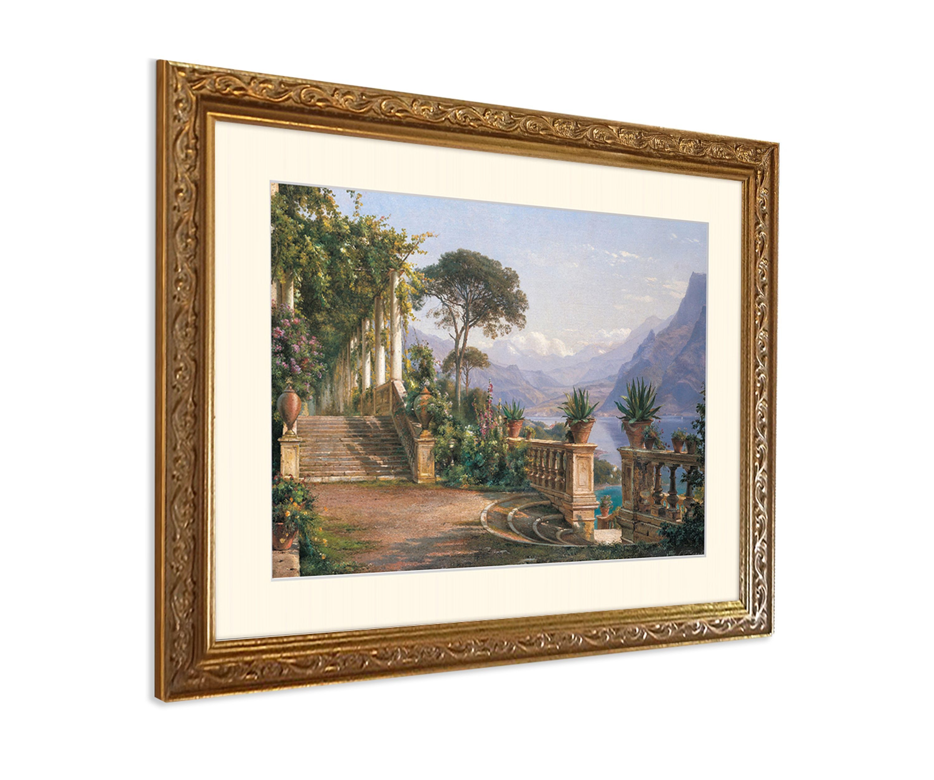 artissimo Bild mit Rahmen Wandbild gerahmt 63x53 cm Kunstdruck mit Passepartout & Barock-Rahmen, Carl Frederic Aagaard: Lodge on Lake Como
