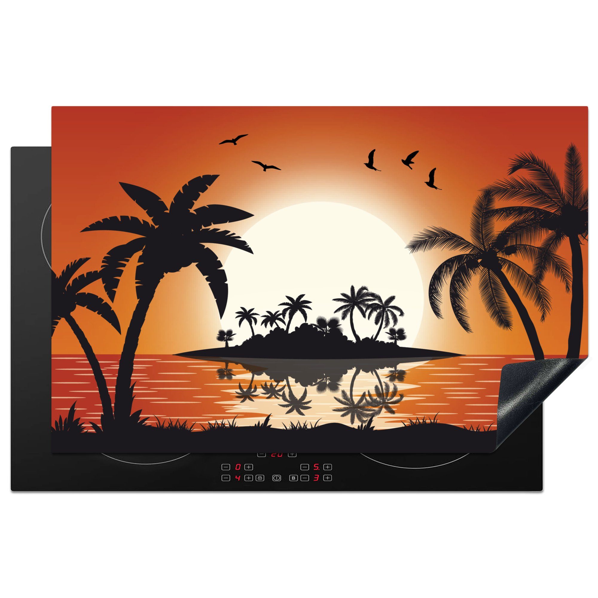 MuchoWow Herdblende-/Abdeckplatte Insel - Meer - Sonne - Palme, Vinyl, (1 tlg), 81x52 cm, Induktionskochfeld Schutz für die küche, Ceranfeldabdeckung