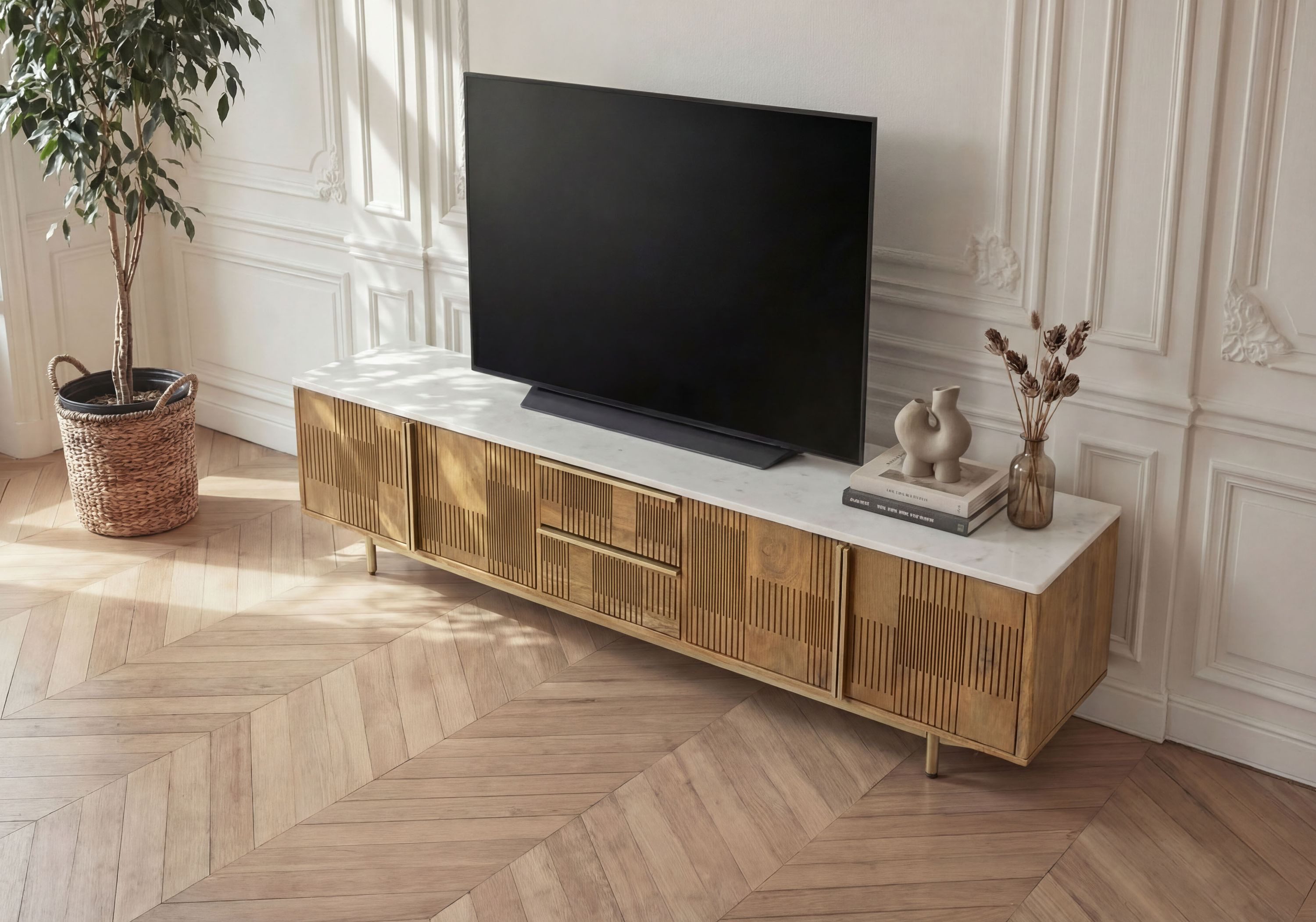 Massivmoebel24 TV-Board MIAMI (Massivholz), Mango 200x40x50 hellbraun geölt / Marmor weiß MIAMI #105