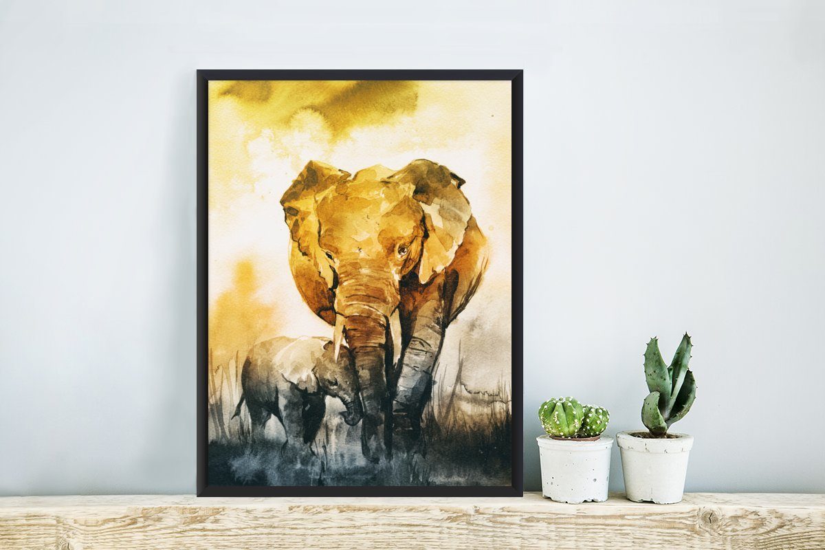 - Aquarell, - Elefant Poster MuchoWow Gerahmtes Wandposter, Bilderrahmen (1 St), Poster, Kind Wanddeko, Bilder, Schwarzem
