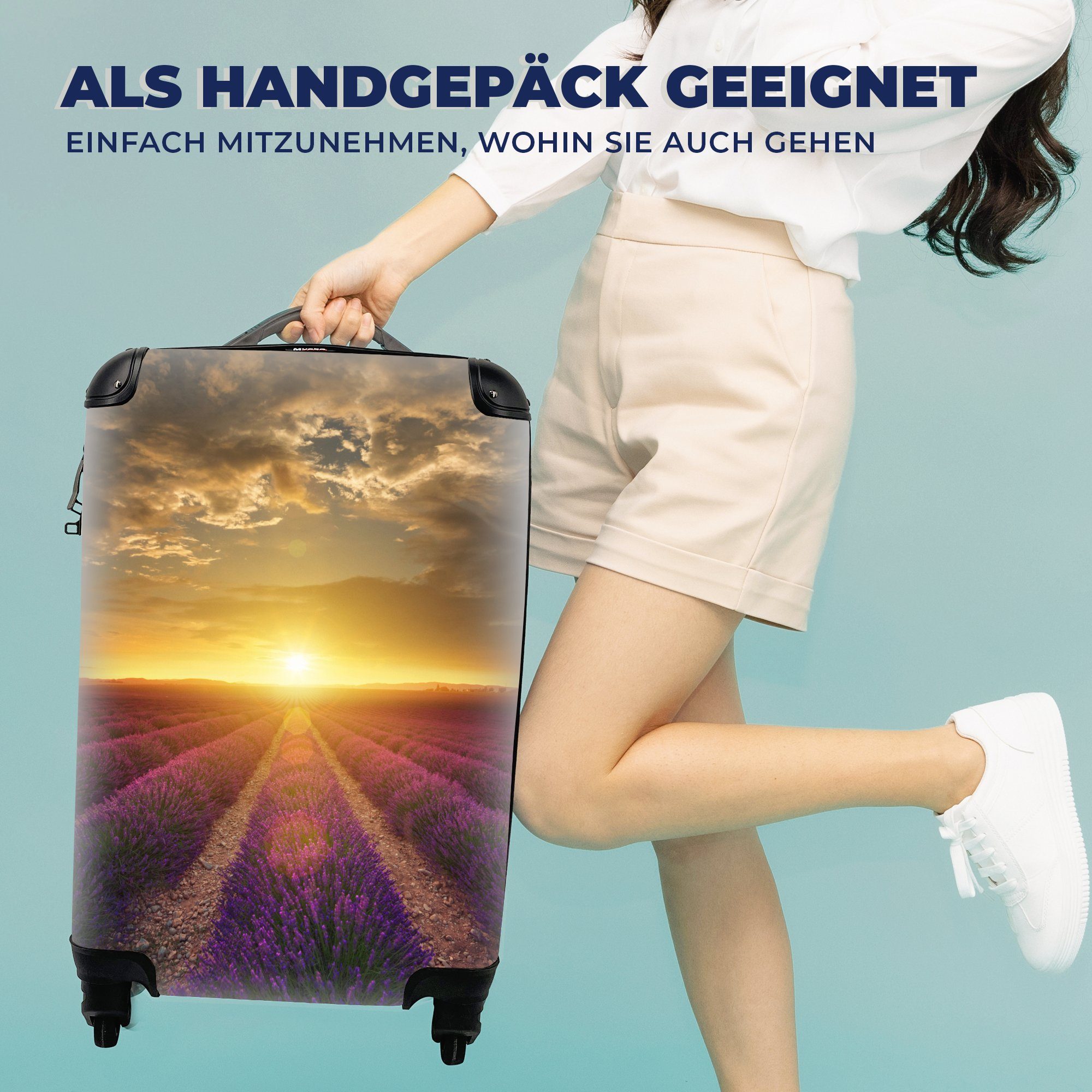 4 für rollen, - Trolley, mit Reisetasche Handgepäck MuchoWow Rollen, Handgepäckkoffer Ferien, Frankreich, Sonnenuntergang - Lavendel Reisekoffer