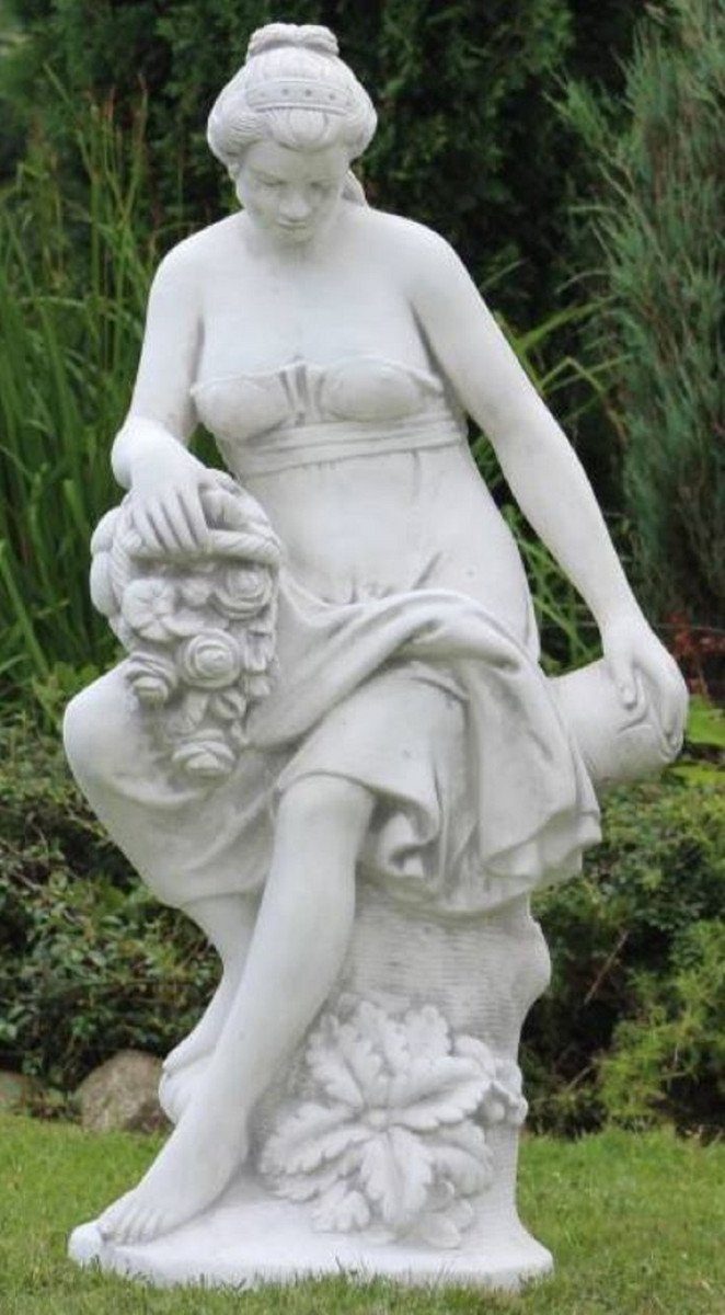 Casa Padrino Skulptur Jugendstil Garten Deko Skulptur Frau mit Blumenstrauß  Weiß / Grau 46 x 46 x H. 121 cm - Elegante Garten Deko Stein Figur - Barock  & Jugendstil Garten Deko Accessoires