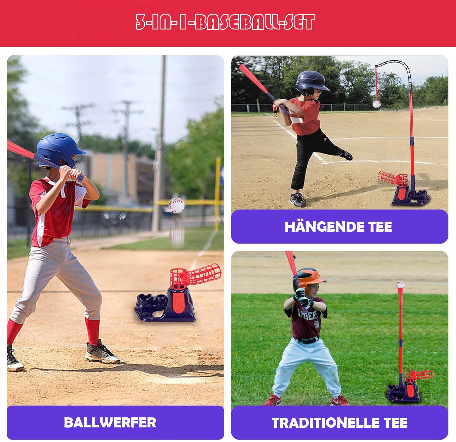 Esun Outdoor-Spielzeug 3-in-1 Baseball Set, T Ball Sets Tee Ball Stand mit Hängendes, Ball Launcher, Indoor Outdoor Sport Spielzeug