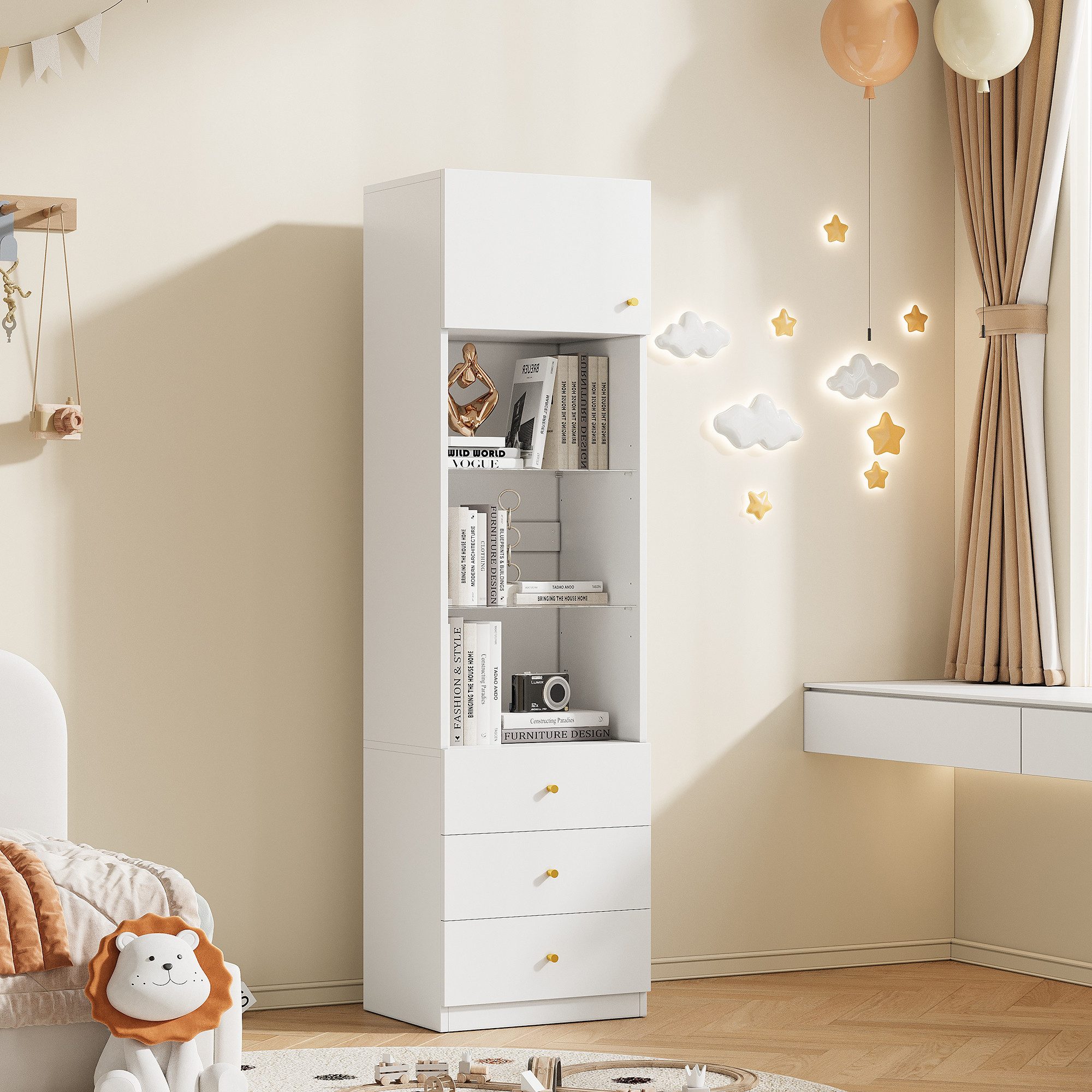Flieks Hochschrank Bücherregal mit höhenverstellbare Glaseinlegeböden (1-St., 50×40×180 cm) Mehrzweckschrank Standvitrine mit 4 Fächern und Schubladen Weiß