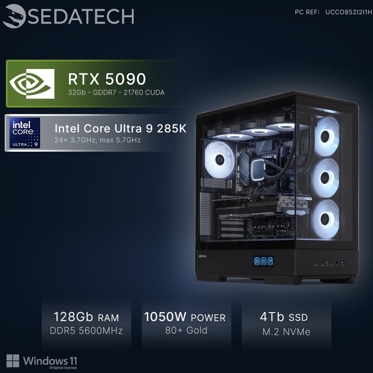 Sedatech UCCO852I2I1HF - Watercooling Gaming-PC (Intel Intel Core Ultra 9 Intel Core Ultra 9 285K 24x 3.7GHz (max 5.7GHz), Geforce RTX5090 32GB, 128 GB RAM, 4000 GB SSD, Watercooling, Wlan 7)