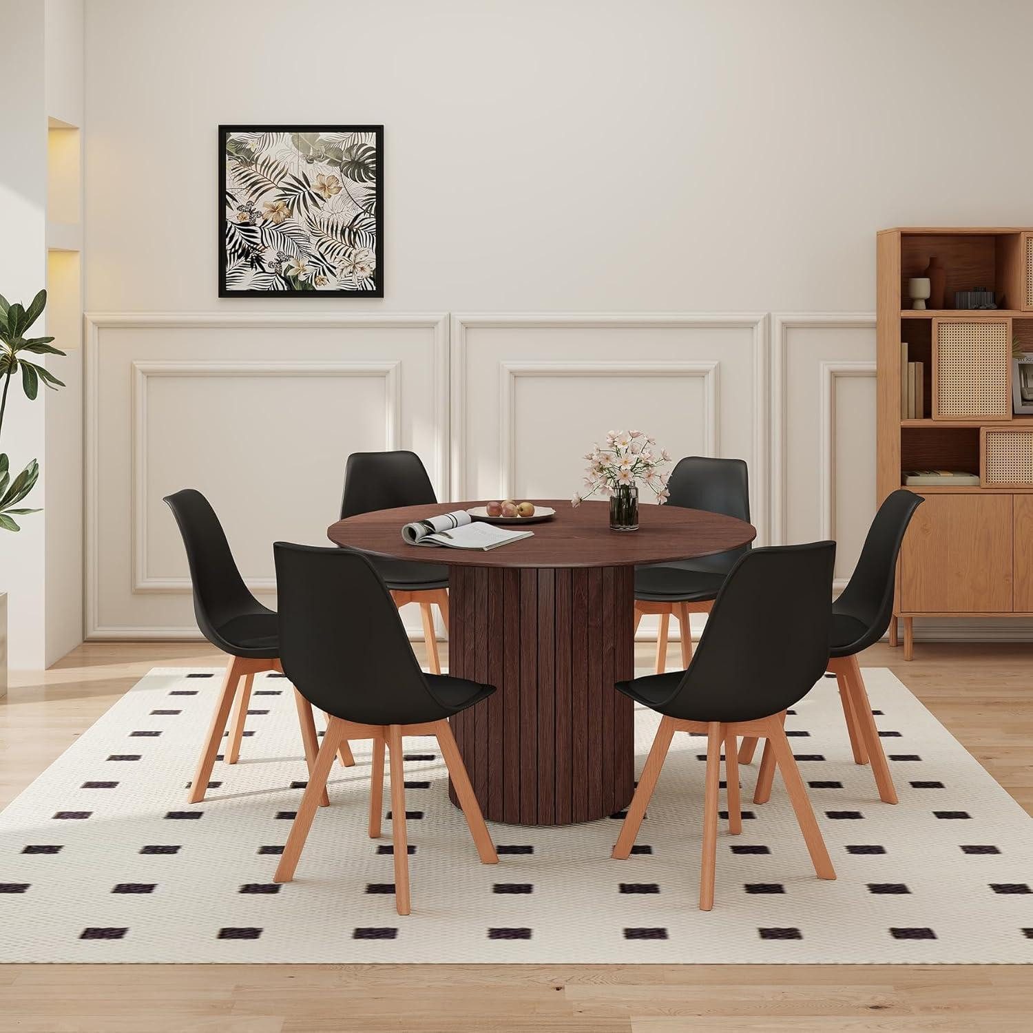 LuxusKollektion Essgruppe Esstisch rund 120cm MDF Holzfuß 1 Tisch 6 Stühle Dunkelbraun Schwarz