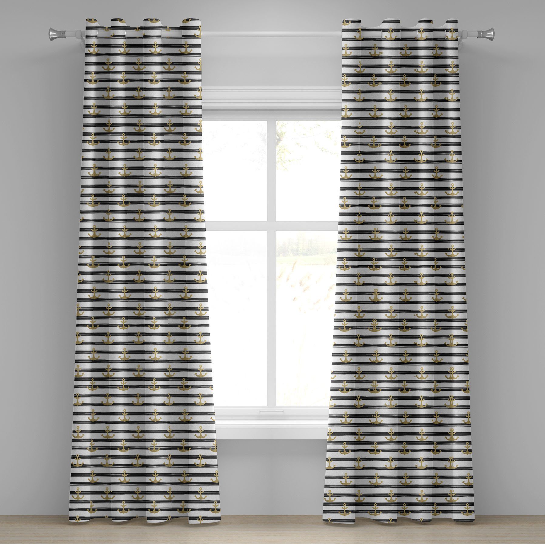 Gardine Dekorative 2-Panel-Fenstervorhänge für Schlafzimmer Wohnzimmer, Abakuhaus, Anker Schwarze Streifen Cruise