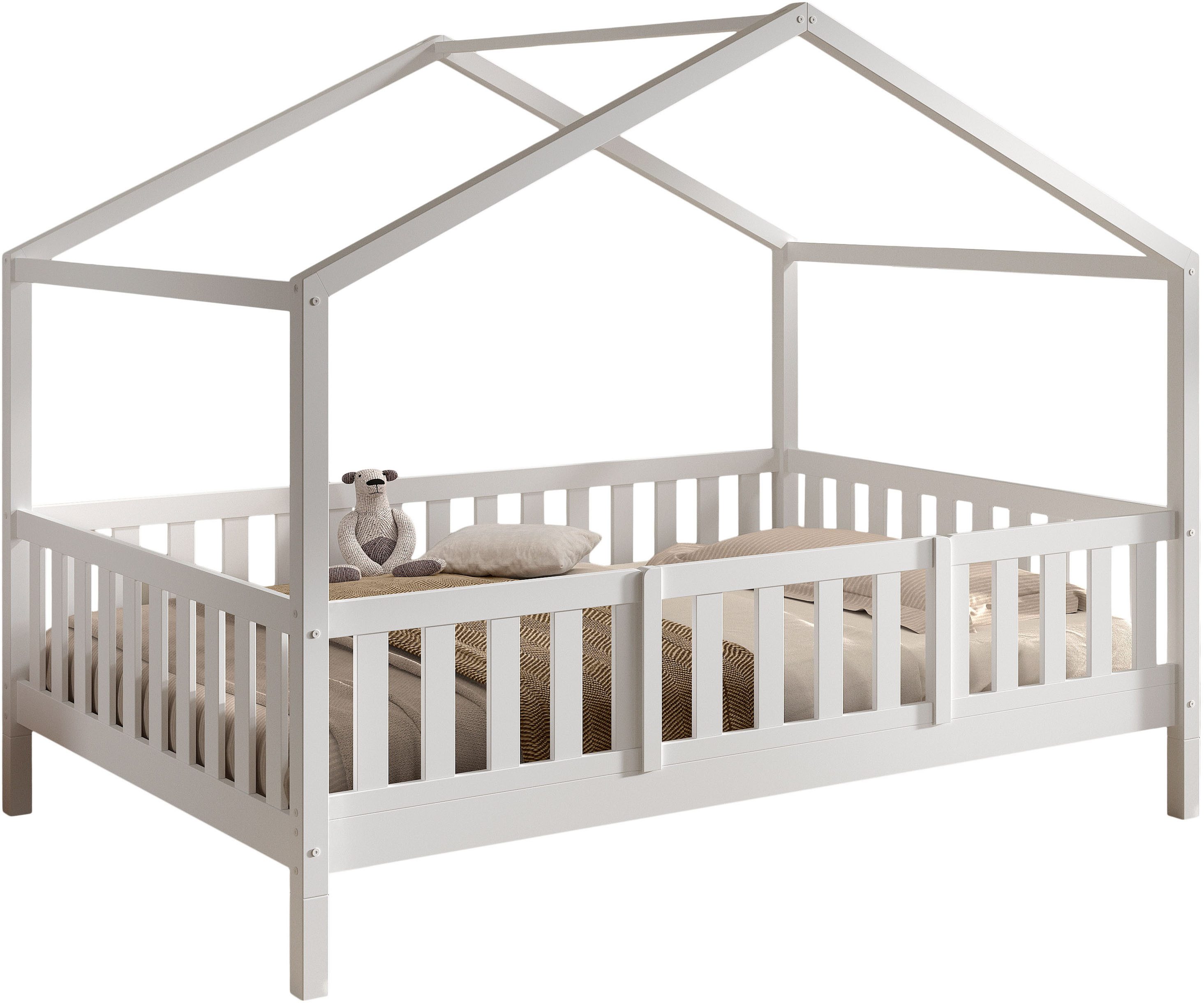 Hausbett Dallas, Massivholzbett mit Dachaufbau umbaubar vom Boden- zum Daybett