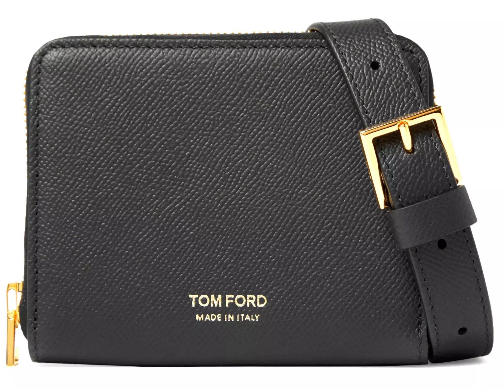 Tom Ford Umhängetasche Geldbörse Clutch Tasche mit abnehmbaren Hänger, Vollnarbigem Leder, goldfarbenen Akzenten, Zip-Around-Verschluss