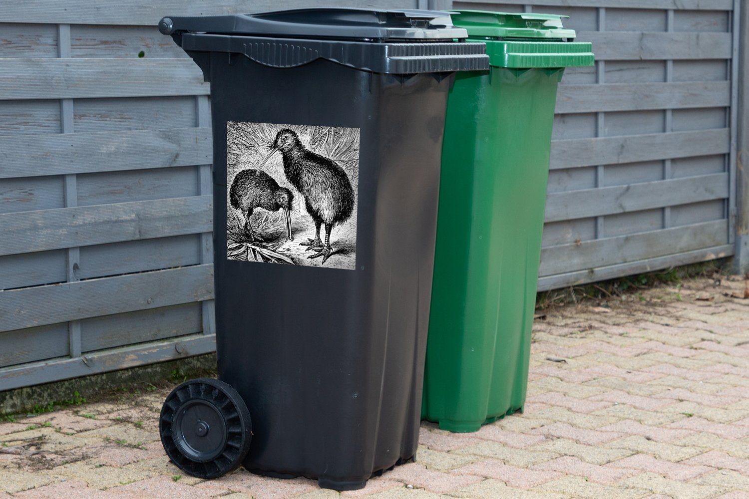 St), Abfalbehälter (1 Wandsticker Kiwi-Vögeln Sticker, Mülltonne, MuchoWow zwei Mülleimer-aufkleber, Container, von Schwarz-Weiß-Illustration