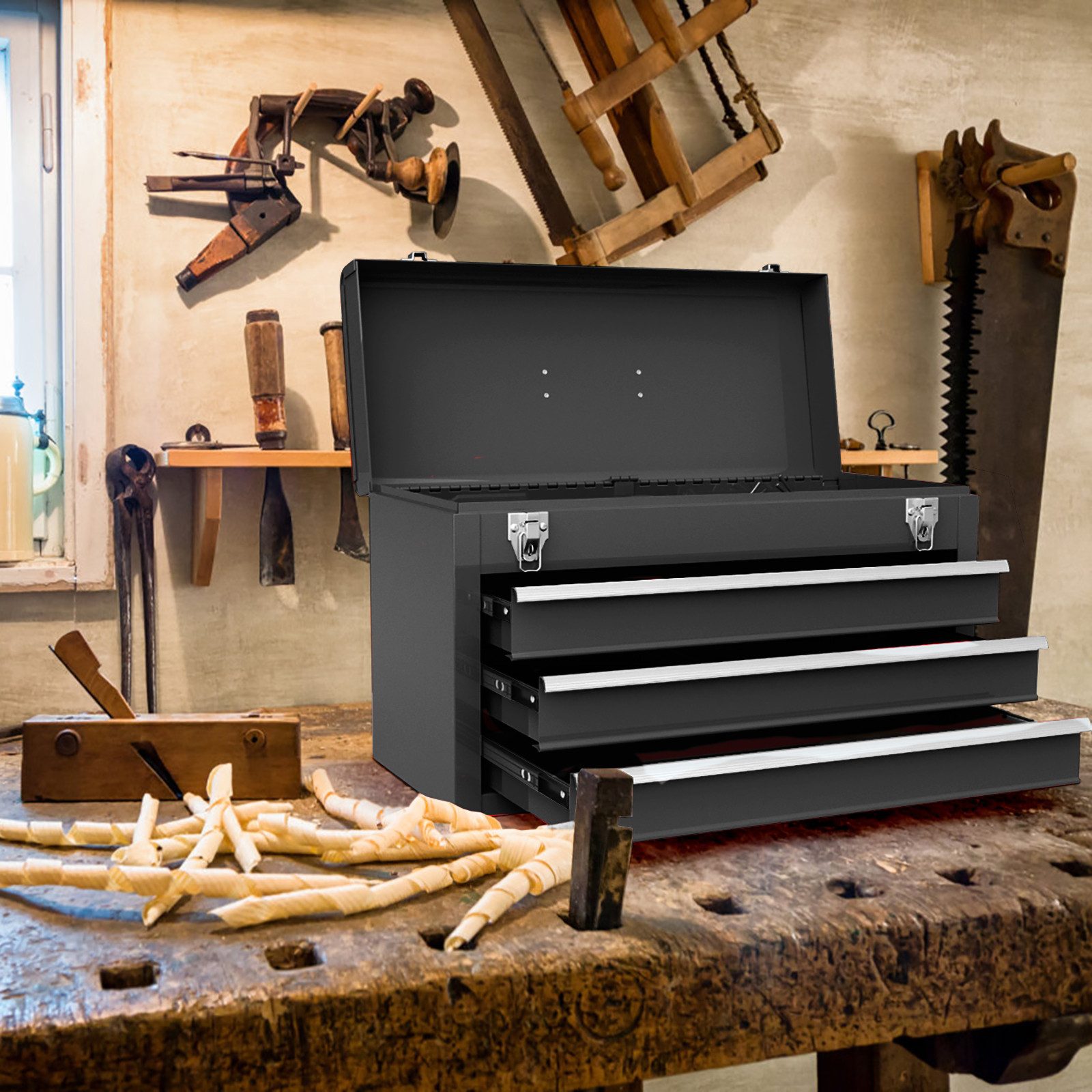 COSTWAY Werkzeugkoffer, mit 3 Schubladen & oberem Fach, 52x21x30cm