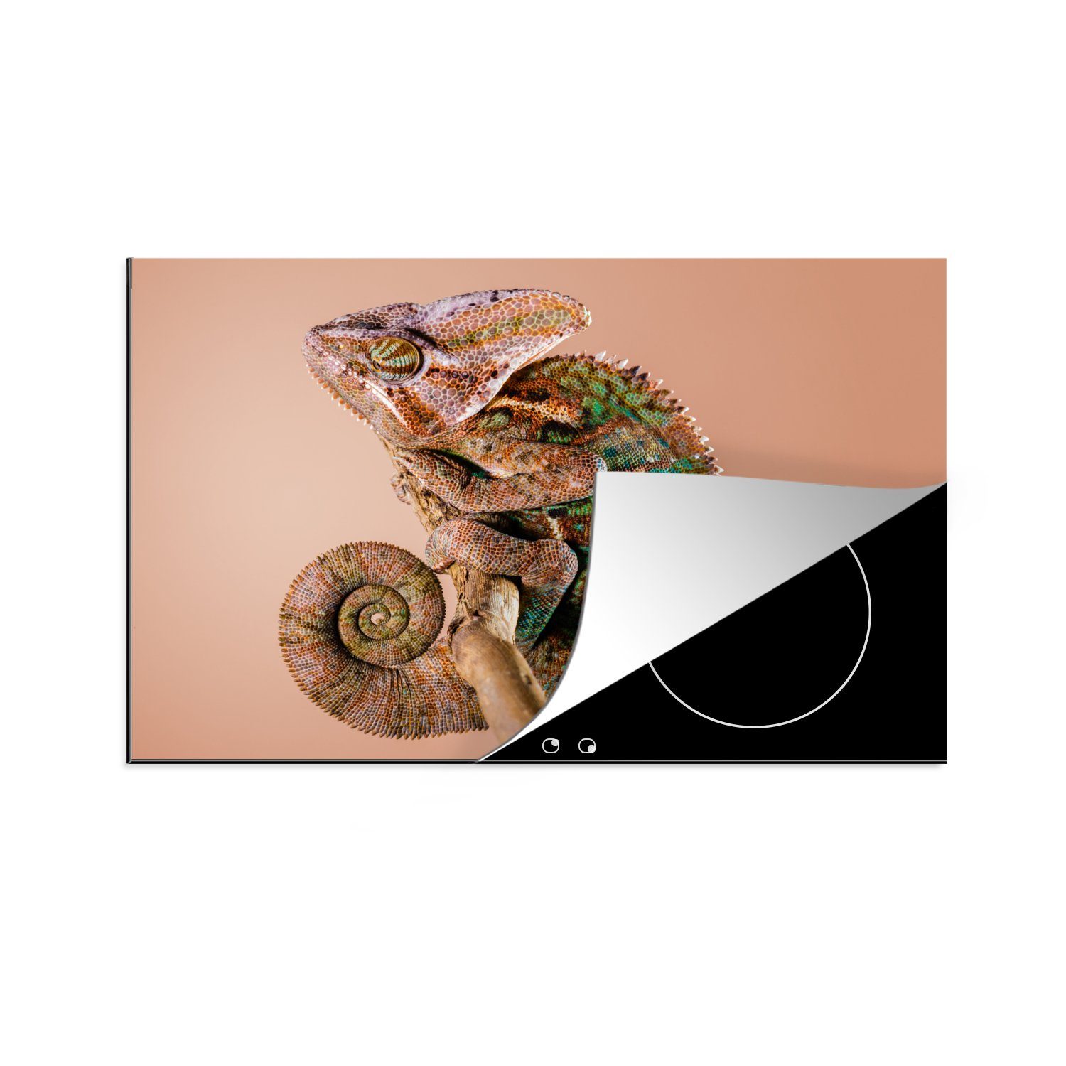 MuchoWow Herdblende-/Abdeckplatte Camouflage - Chamäleon - Äste, Vinyl, (1 tlg), 81x52 cm, Induktionskochfeld Schutz für die küche, Ceranfeldabdeckung