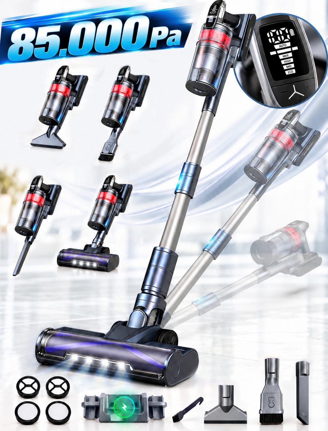 Grenintol Akku-Hand-und Stielstaubsauger Akkustaubsauger 85000Pa/65Min, Staubsauger Kabellos mit AUTO-Sensor, beutellos, …
