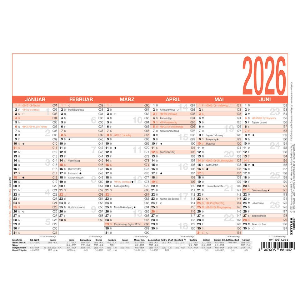 ZETTLER Organisationsmappe ZETTLER 609848 Tafelkalender - A5 quer, 6 Monate / 1 Seite, Karton