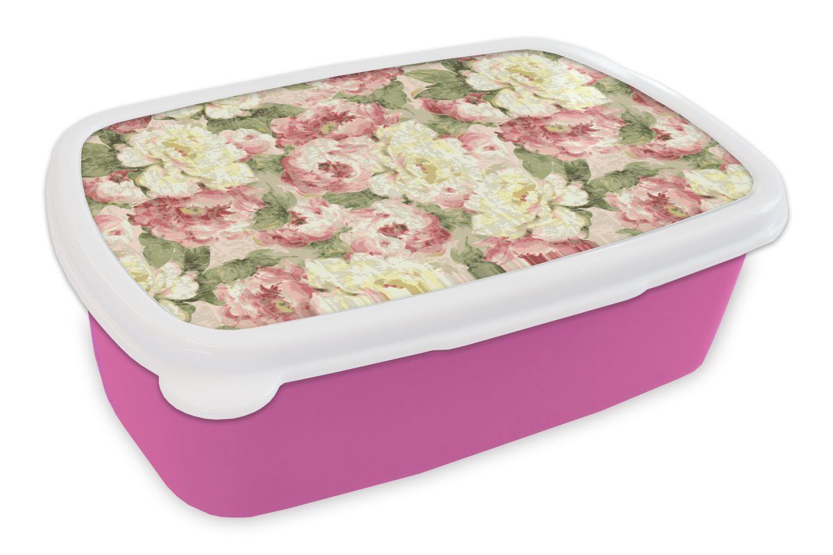 MuchoWow Lunchbox Rosen - Vintage - Muster, Kunststoff, (2-tlg), Brotbox für Erwachsene, Brotdose Kinder, Snackbox, Mädchen, Kunststoff rosa