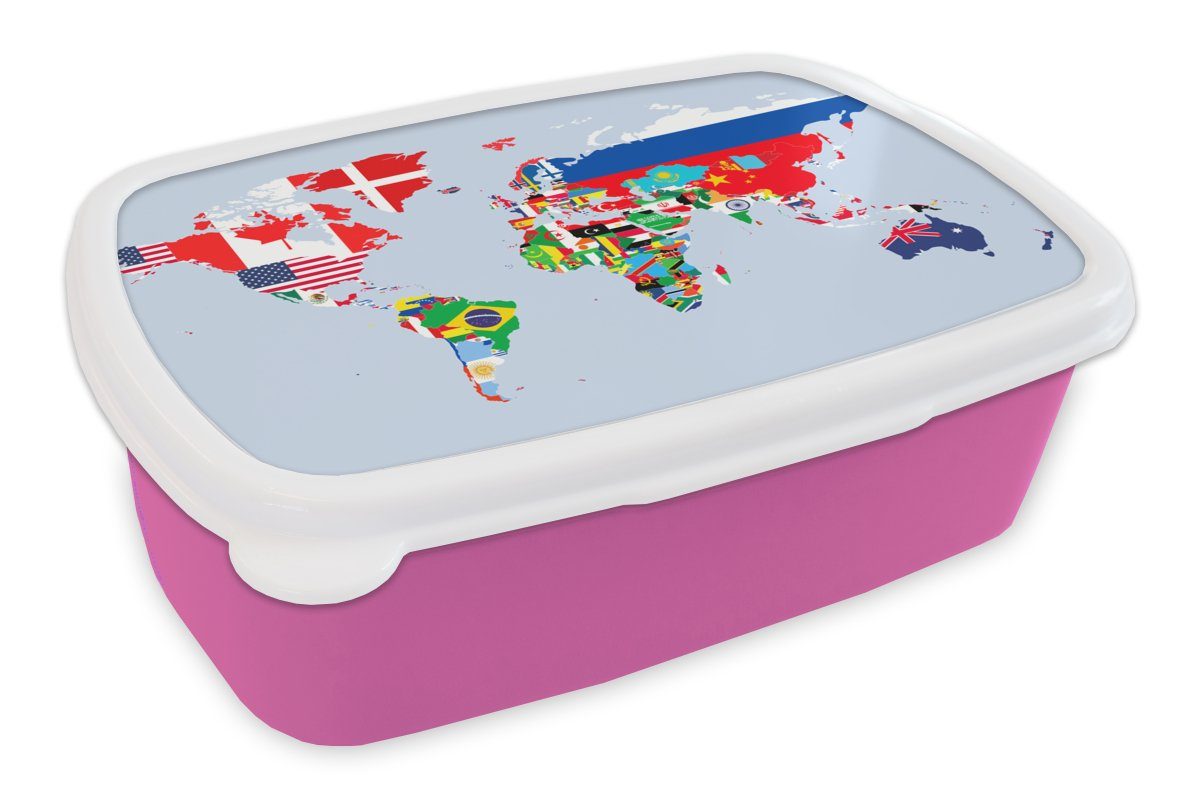 MuchoWow Lunchbox Welt - Karte - Flagge - Länder, Kunststoff, (2-tlg), Brotbox für Erwachsene, Brotdose Kinder, Snackbox, Mädchen, Kunststoff rosa