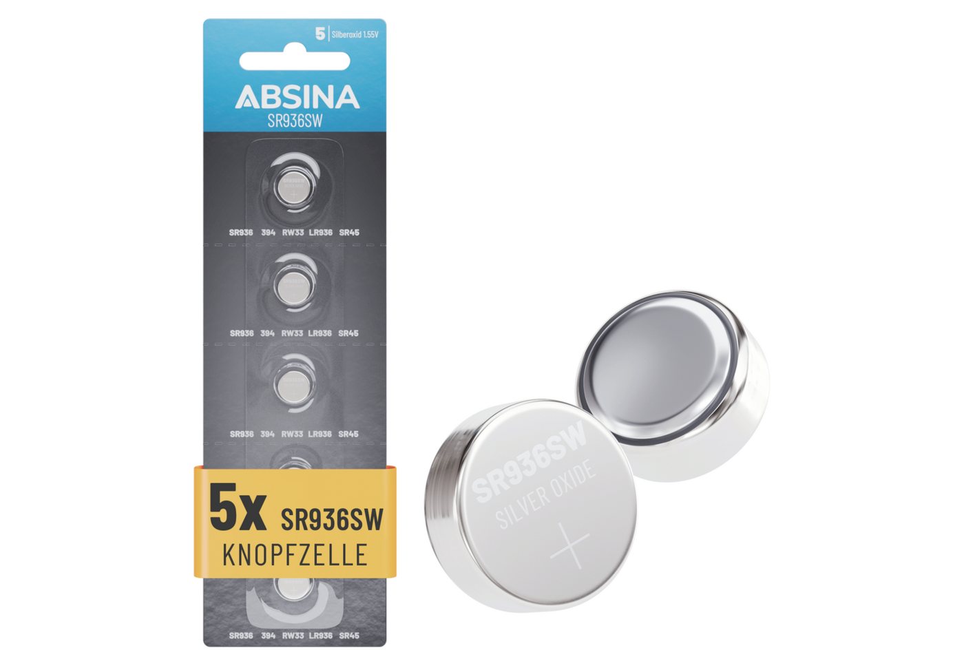 ABSINA 5x SR936SW Uhrenbatterie Knopfzelle 1,55V Silberoxid - Batterie 394 Knopfzelle, SR936SW (1,55 V, 5 St), Langlebig & zuverlässig, Temperaturfest von -20°C bis +60°