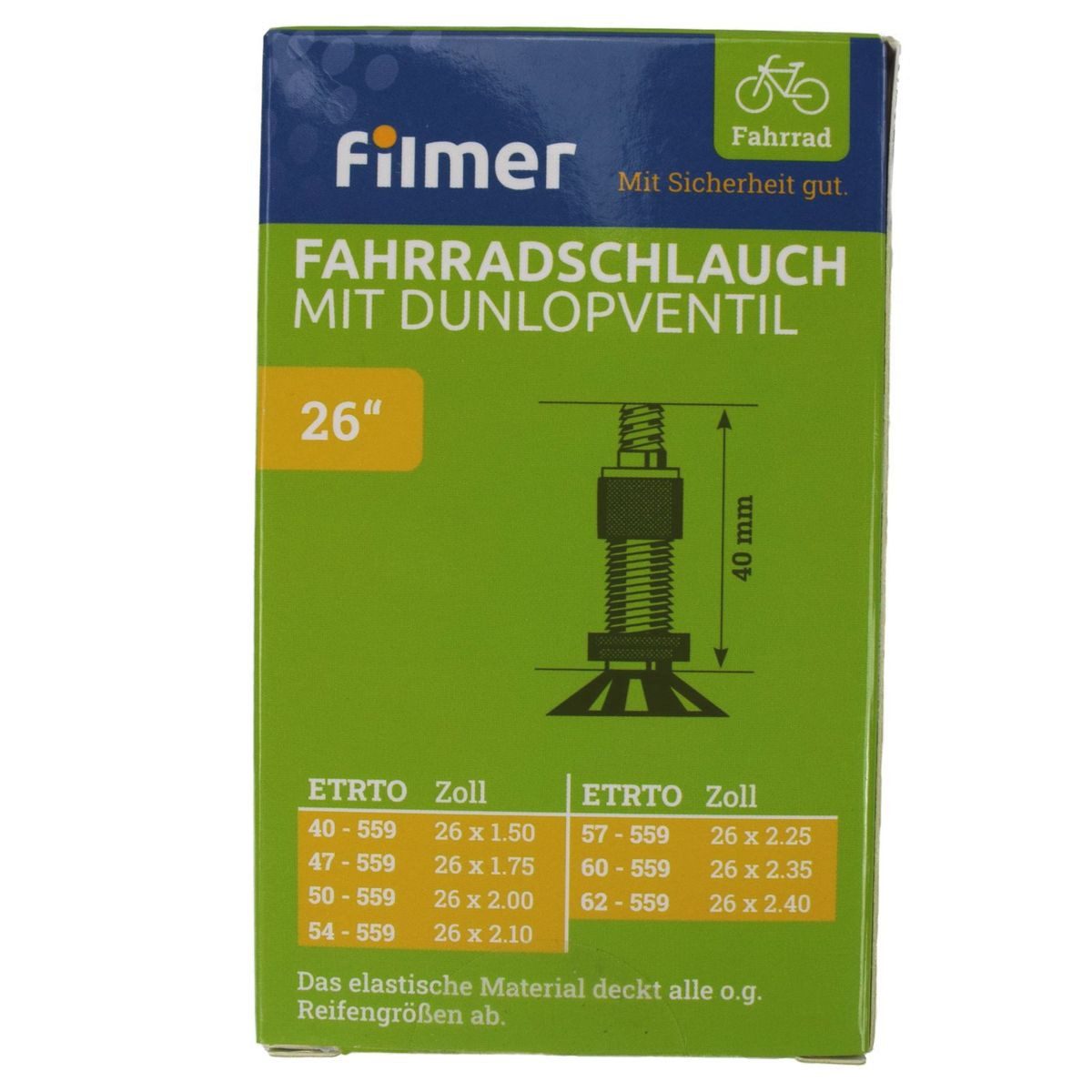 Filmer Fahrradschlauch Fahrradschlauch mit Dunlopventil in verschiedenen Größen, 26 Zoll, mit Dunlopventil