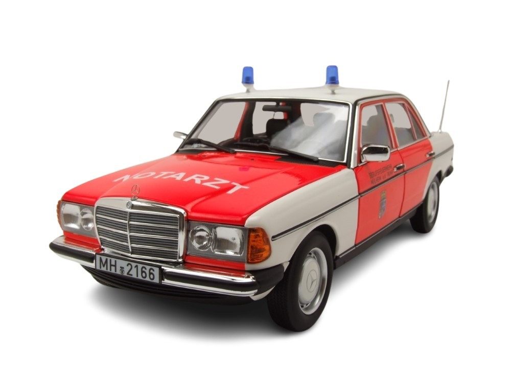 Norev Modellauto Mercedes 200 W123 Notarzt 1984 rot weiß, Maßstab 1:18