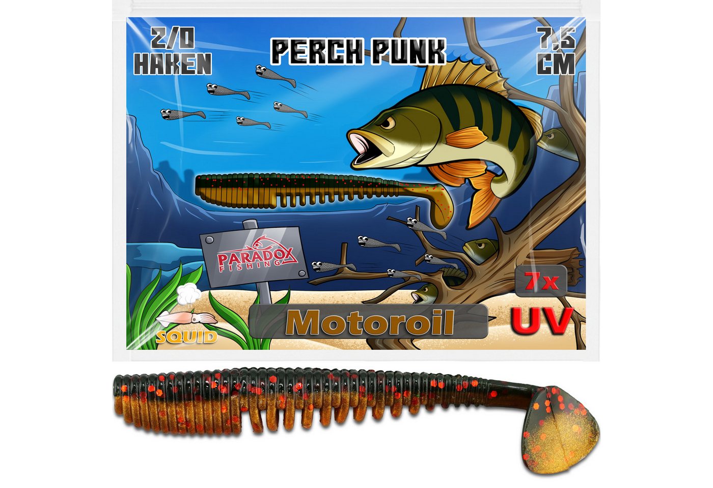 Paradox Fishing Kunstköder Perch Punk 7,5cm Barsch Gummifisch, UV-Aktiv, Squid-Aroma, 7-Stück