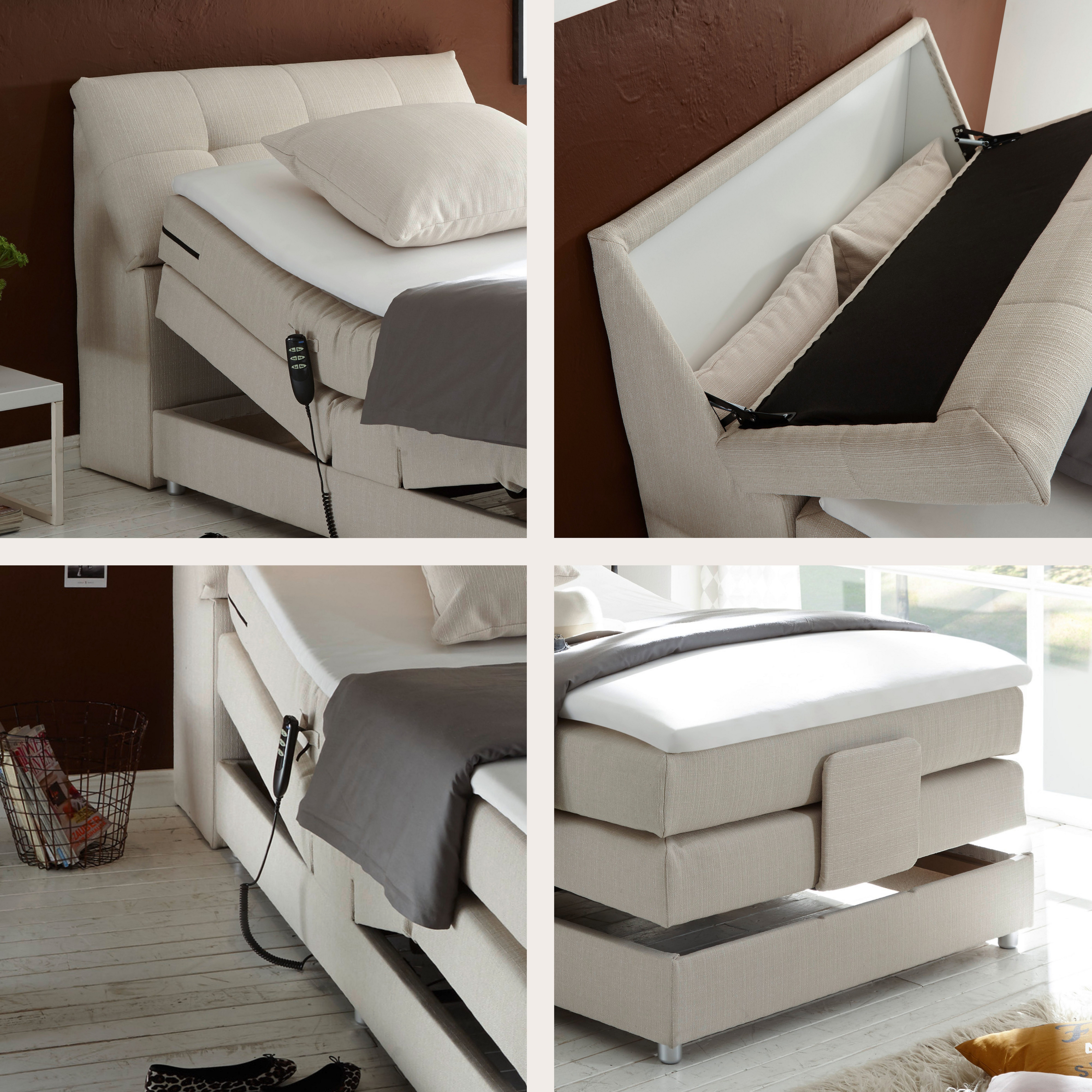 ED EXCITING DESIGN Boxspringbett Carpino wahlweise in den Breiten 120cm oder 180cm erhältlich, inkl. Motor, Stauraum im Kopfteil und Topper