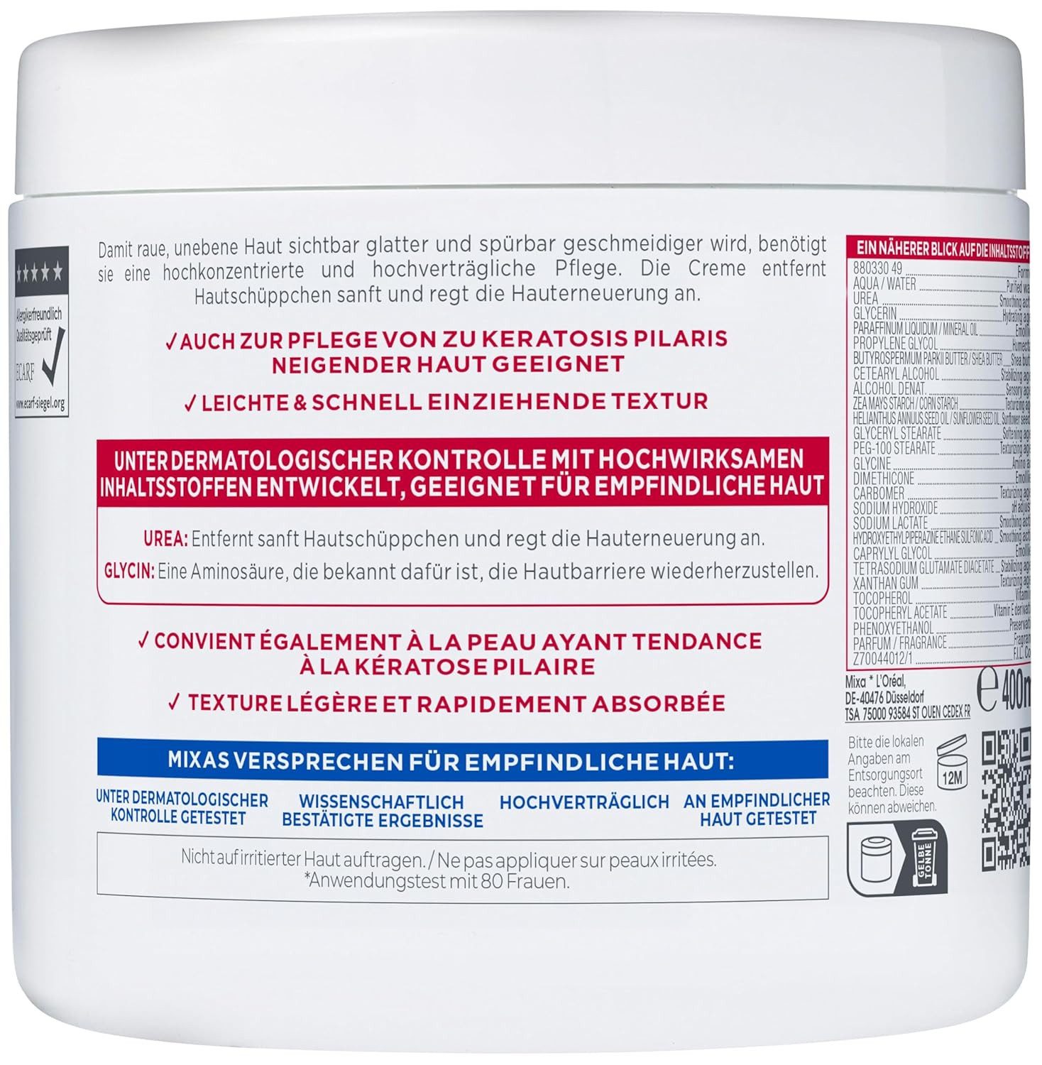 Mixa Körperpflegemittel Urea hauterneuernde Creme mit Urea & Niacinamide für alle Hauttypen Mixa-Hochverträglich, Unter dermatologischer Kontrolle entwickelt Schnell einziehende Textur