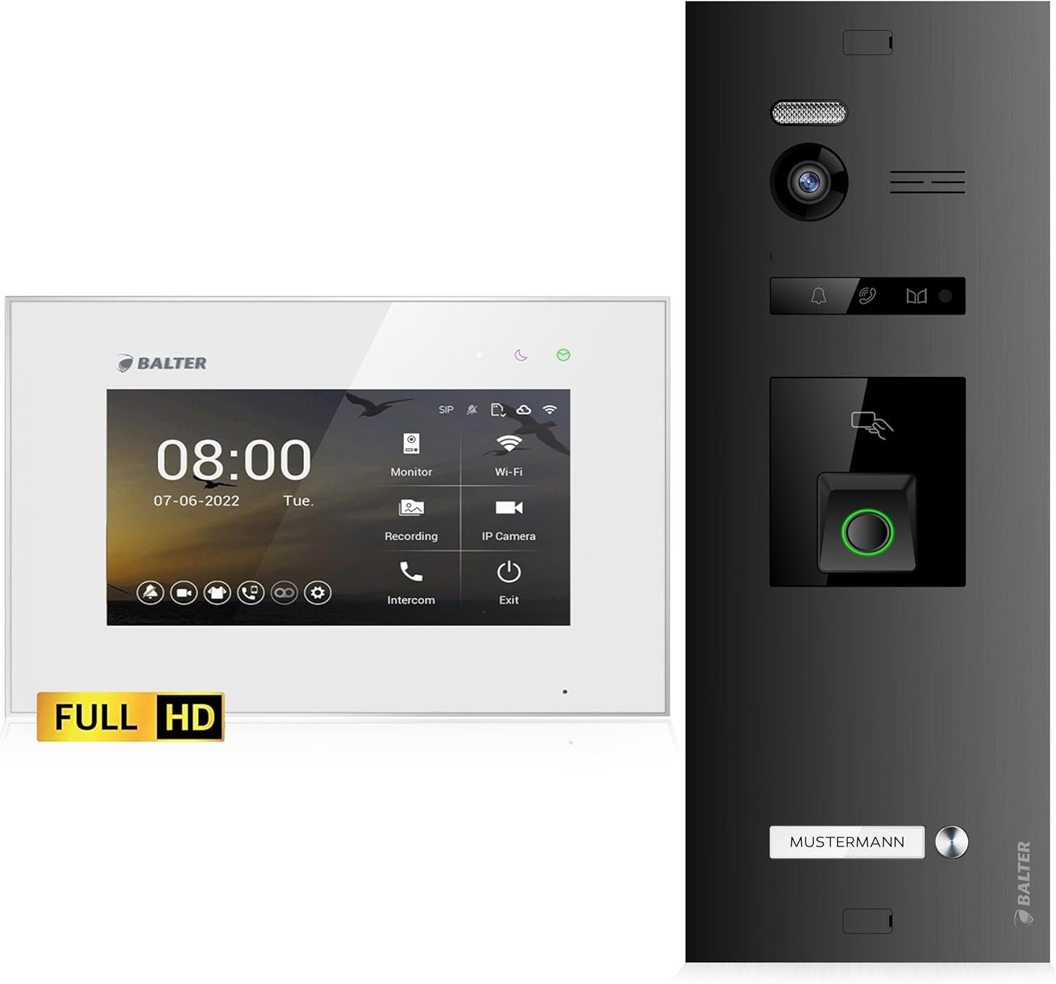 Balter Video-Türsprechanlage EVO HD Fingerprint und RFID für 1 Familienhaus 1x Monitor (Türsprechanlage, Komplettset, Fingerprint, RFID, Full HD 175° Ultraweitwinkelkamera, Schwarz)