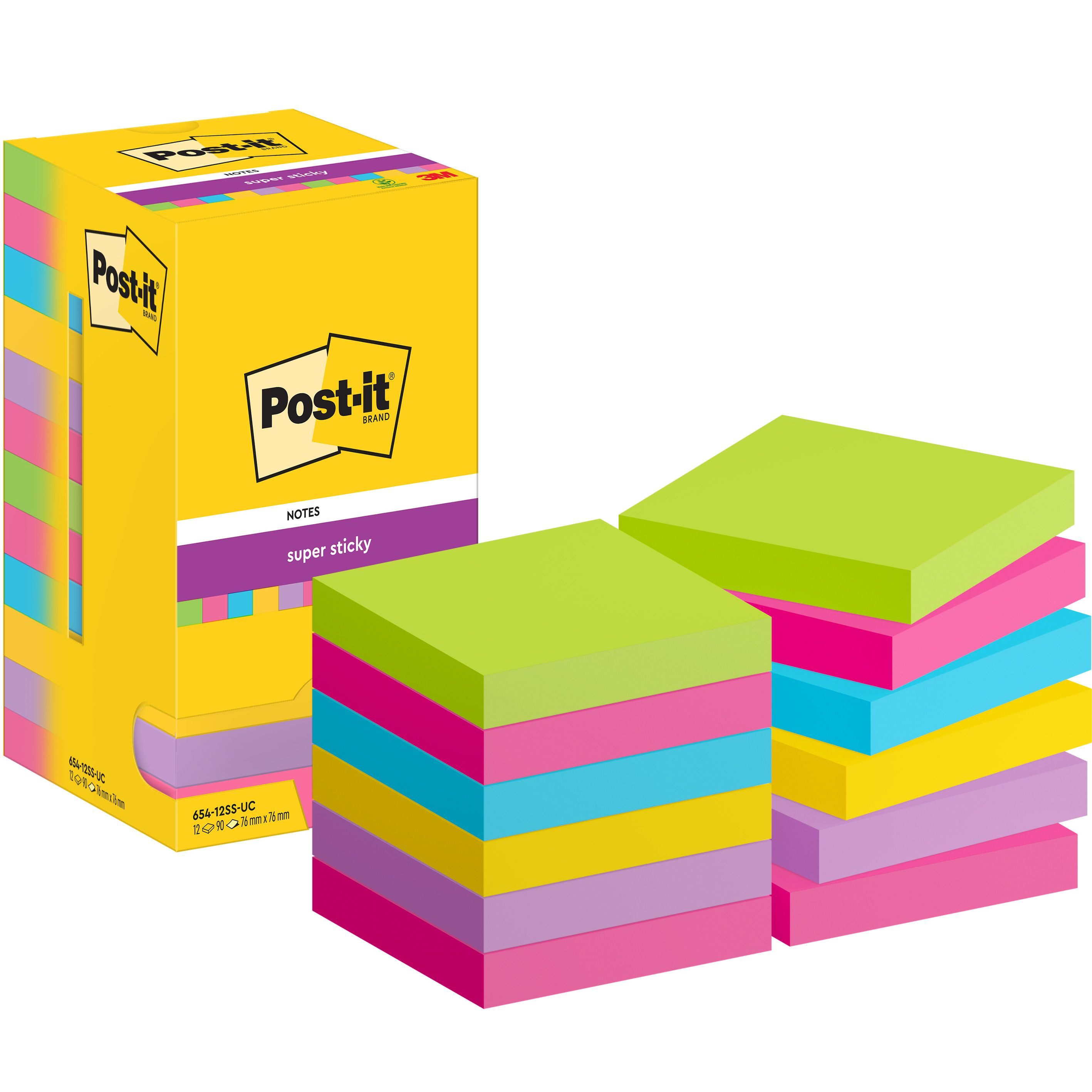 Haftnotizblock 654-12SS-UC Haftnotiz Super Sticky Notes - 76 x 76 mm sortiert 12x 90