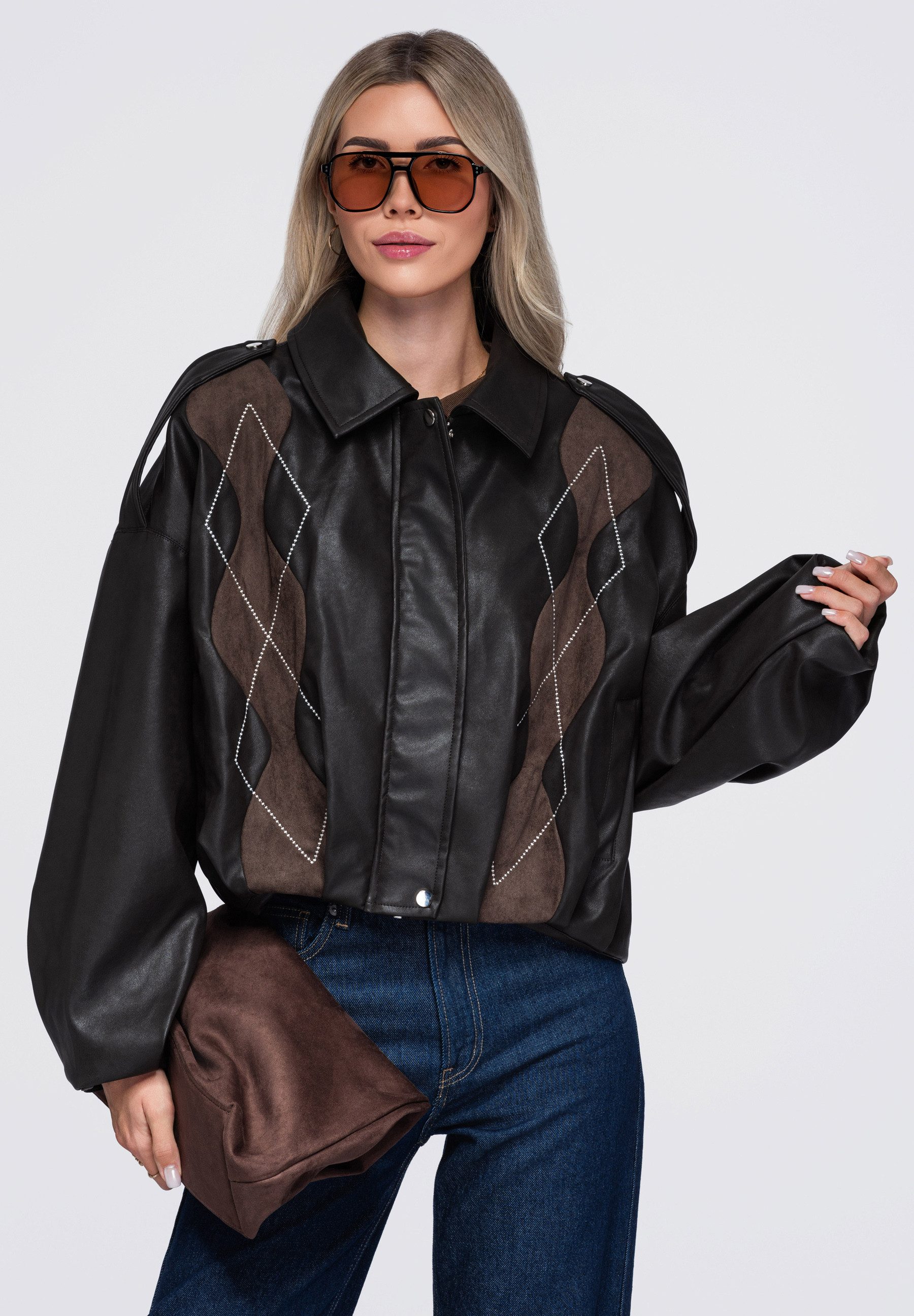 OMBRE Lederimitatjacke Damen Lederimitatjacke mit weitem Kragen im Casual-Stil Braun M/L (kein Set, 1-St) in Unifarbe