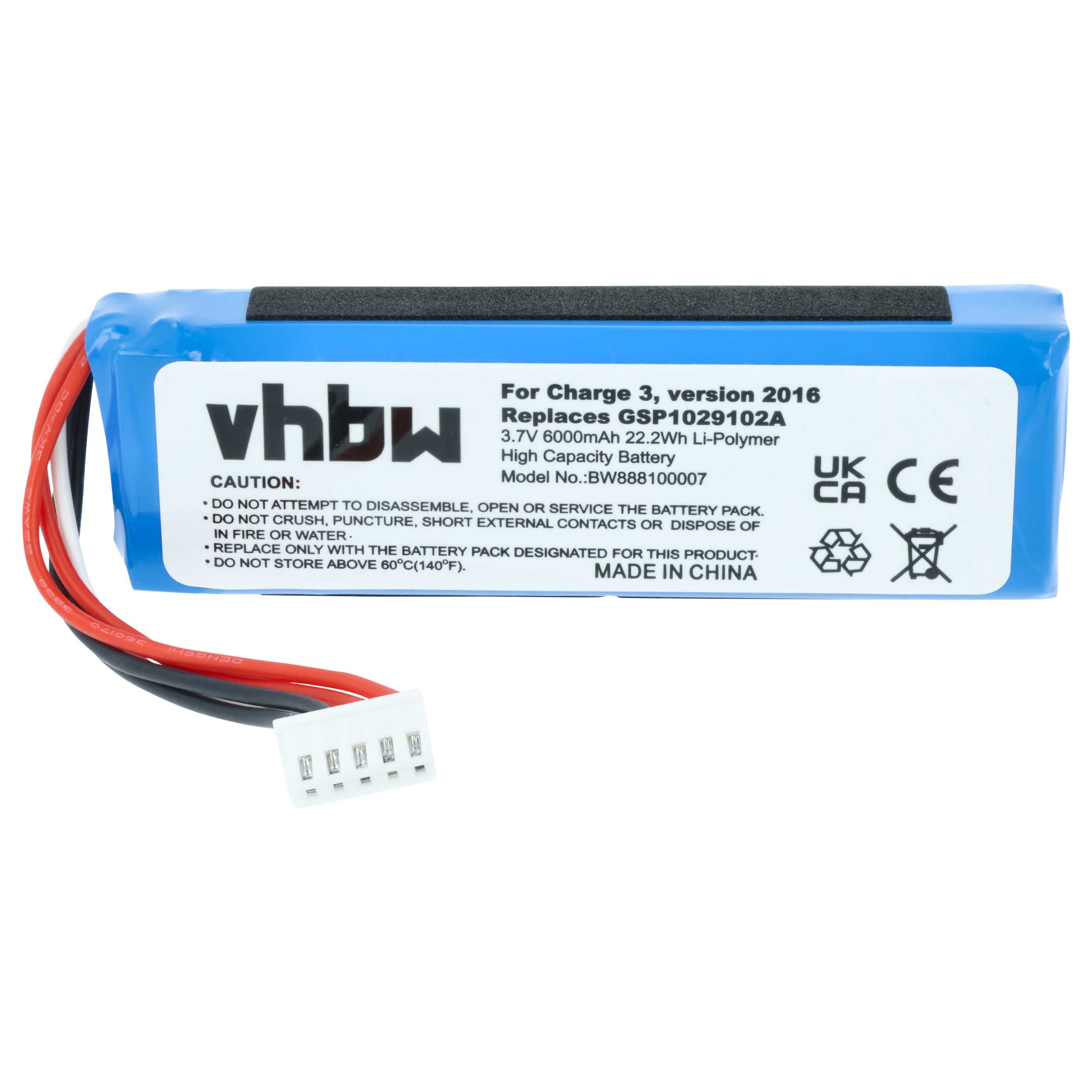 vhbw Akku passend für JBL Charge 3 2016 Lautsprecher (6000 mAh, 3,7 V, Akku Akku Li-Polymer 6000 mAh (3,7 V, 1 St), Leistungsfähiger Austausch-Akku für Outdoor Lautsprecher