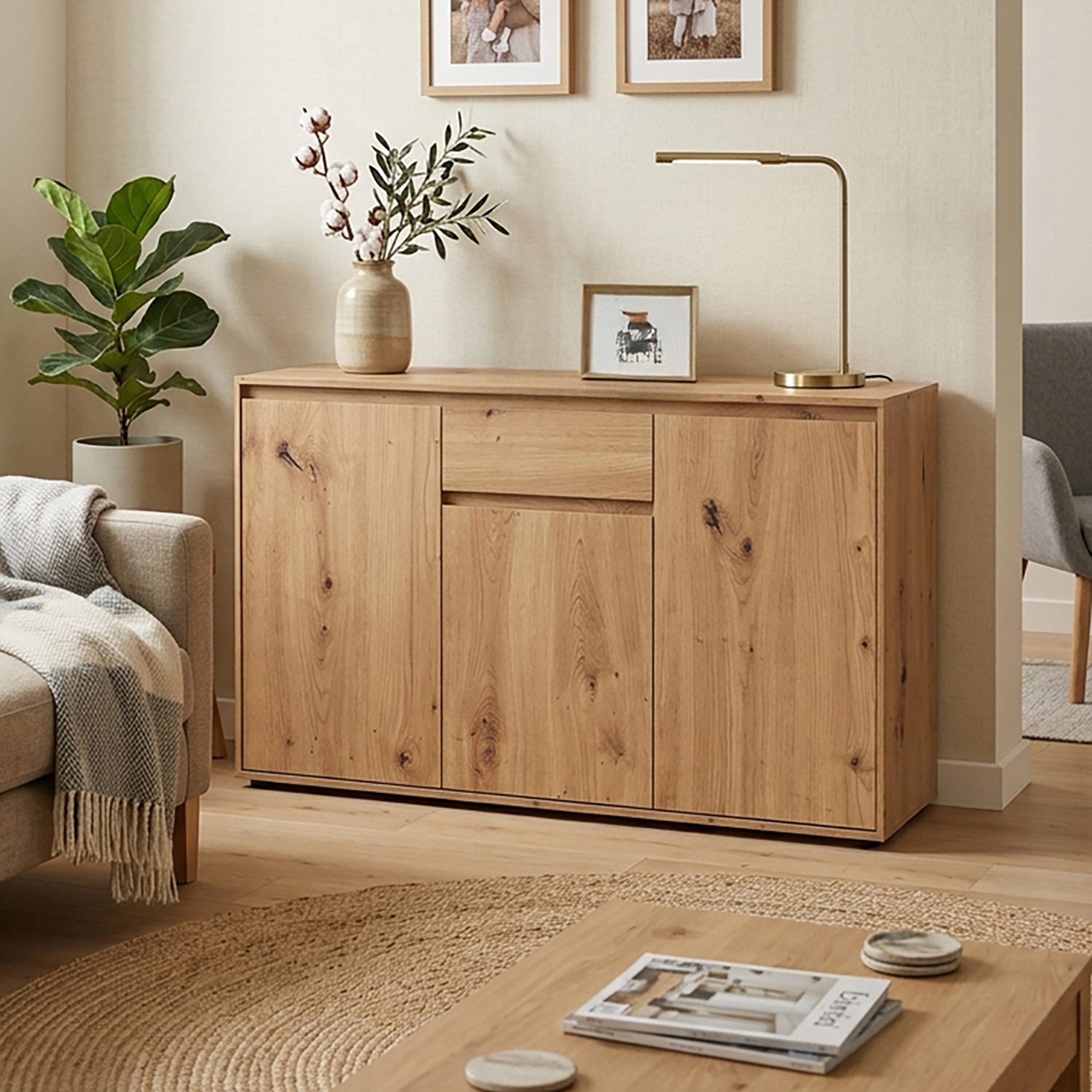 Lomadox Sideboard ZOLLINO-129, in Eiche, 137 cm breit mit 3 Türen & 1 Schublade