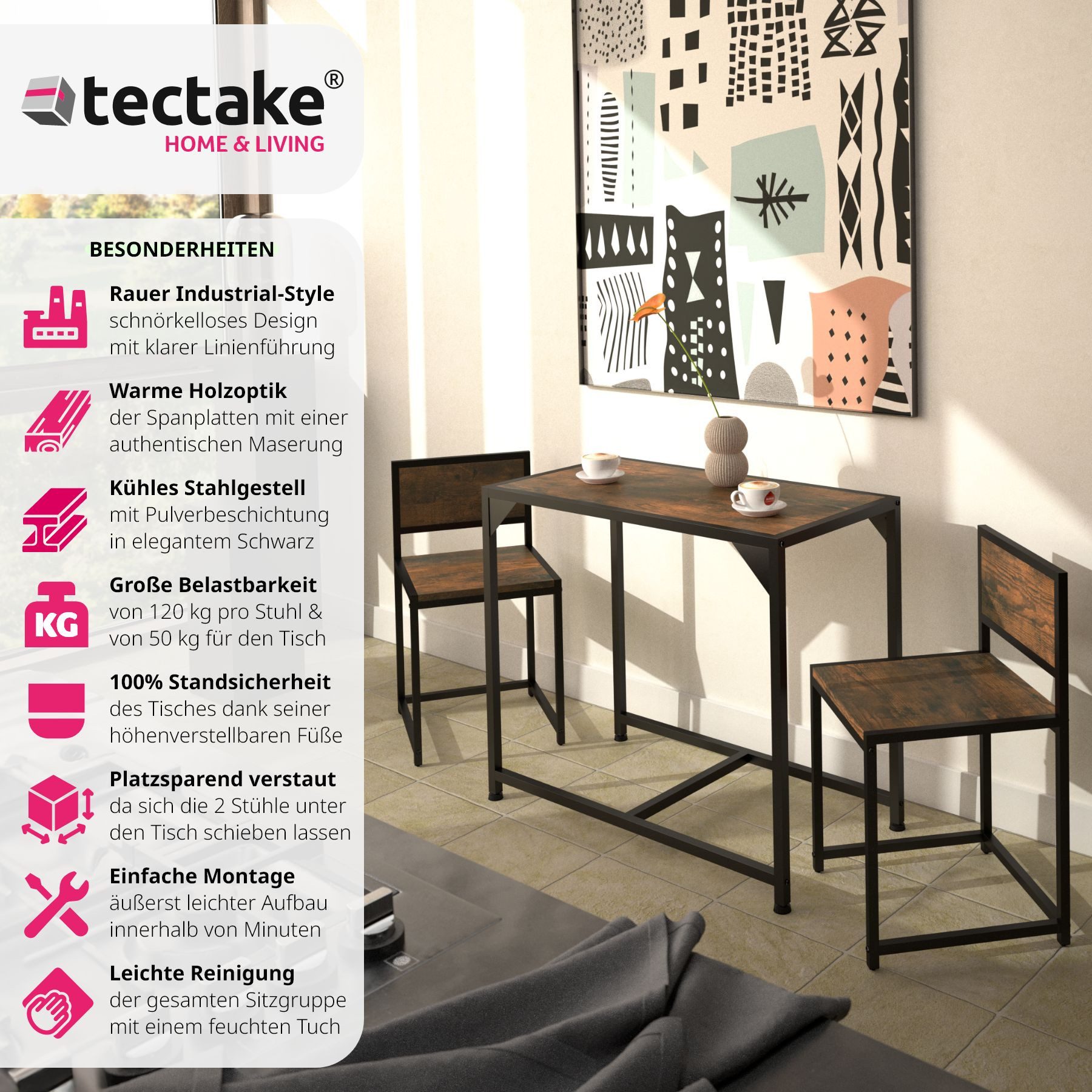 tectake Sitzgruppe Essgruppe 3-teilig, mit höhenverstellbaren Kunststofffüßen, (Loungeset Milton, 3-tlg., in Industrial Holz dunkel, rustikal), Esstisch mit 2 Stühlen, Industrial Style, Holz und Stahl