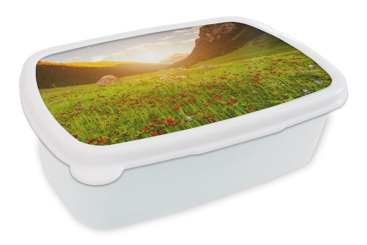 MuchoWow Lunchbox Blumen - Berg - Sonne, Kunststoff, (2-tlg), Brotbox für Kinder und Erwachsene, Brotdose, für Jungs und Mädchen weiß