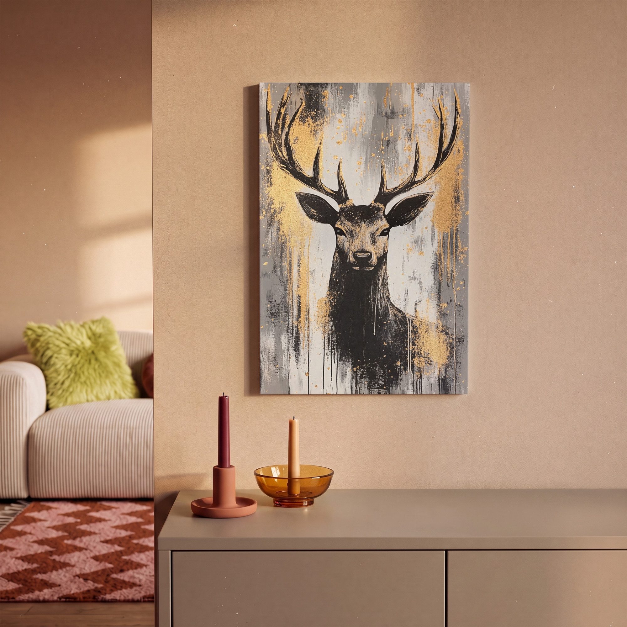 OneMillionCanvasses® Leinwandbild Abstrakt - Hirsch - Geweih - Gold, Fotodruck (1 St), Leinwand Bilder Klein, Wand Dekoration Aesthetic 30x20 cm – Bild 2 von 5