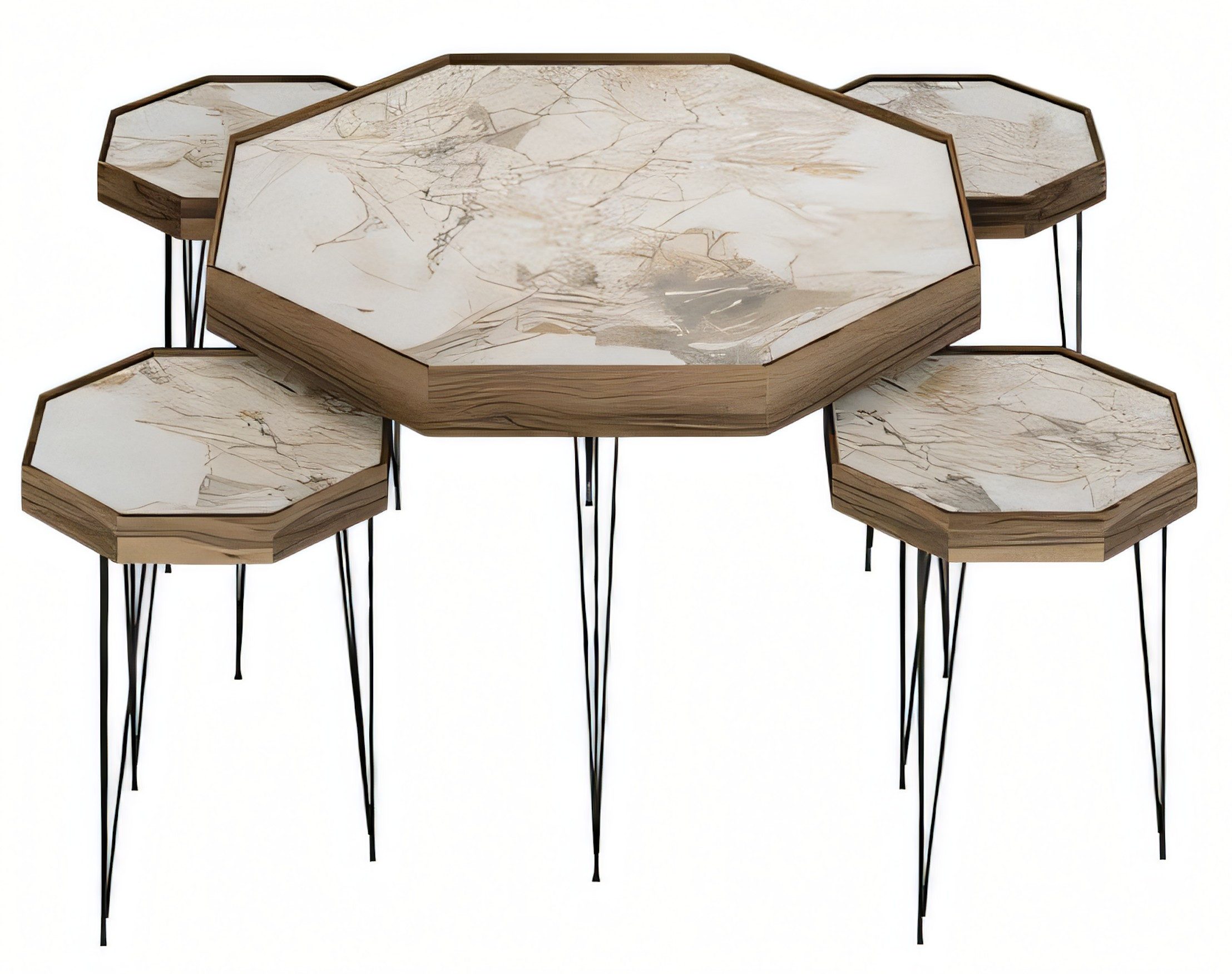 Xlmoebel Couchtisch Beistelltisch aus Holz in Beige mit achteckiger Form von XLMOEBEL (1 Couchtisch + 4 Beistelltische, 5-St., MaßeCouchtisch, Maße4x Beistelltische), Made in Europa