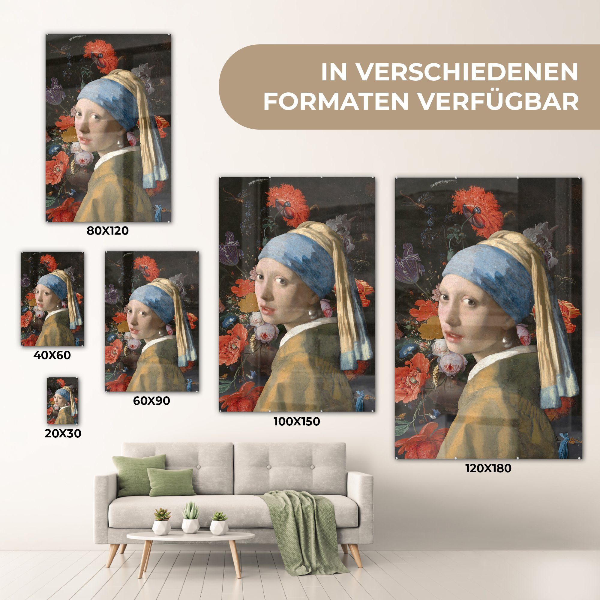Foto (1 Blumen, - Bilder auf - Wandbild Acrylglasbild St), Johannes Das Perlenohrring Glasbilder dem bunt Glas Glas - mit Mädchen Vermeer - MuchoWow Wanddekoration - auf