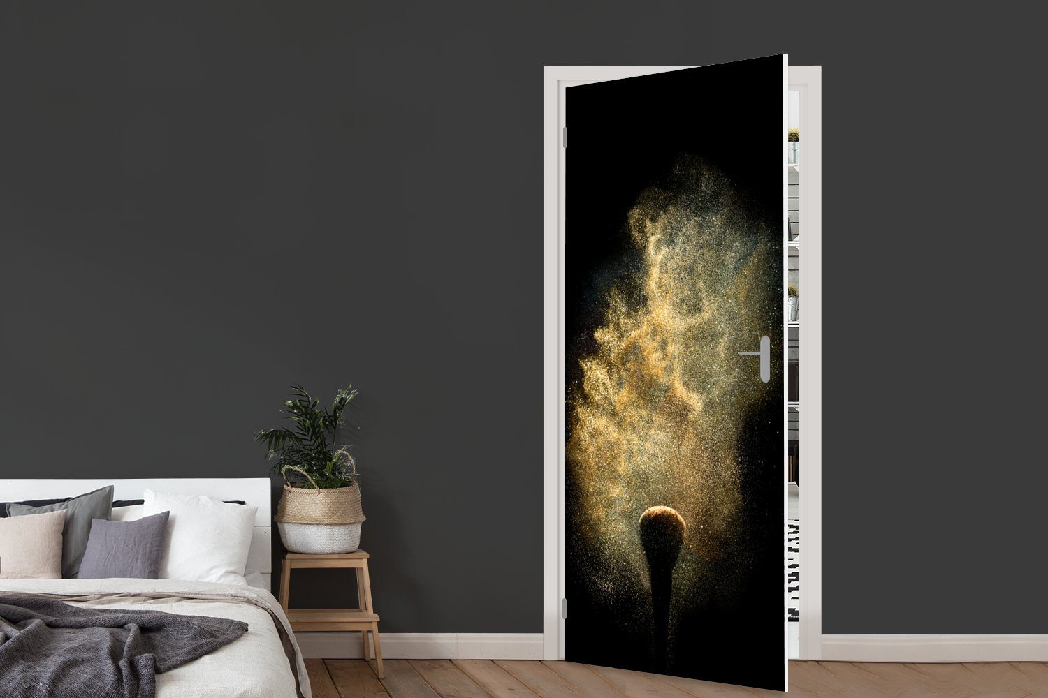 Tür, Türtapete für auf 75x205 St), cm MuchoWow Türaufkleber, bedruckt, schwarzem (1 Goldpulver Hintergrund, Fototapete Matt,