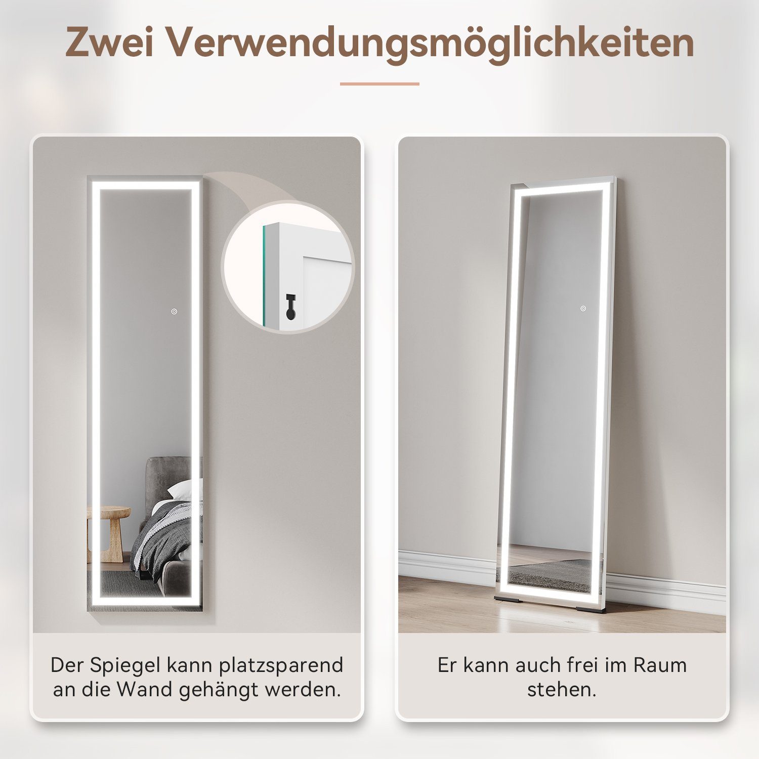 SONNI Ganzkörperspiegel Wandspiegel mit LED,1500 x 400mm, Standspiegel, mit Touch, Beleuchtung in 3 Farben, 2 Montagemöglichkeiten, Modern