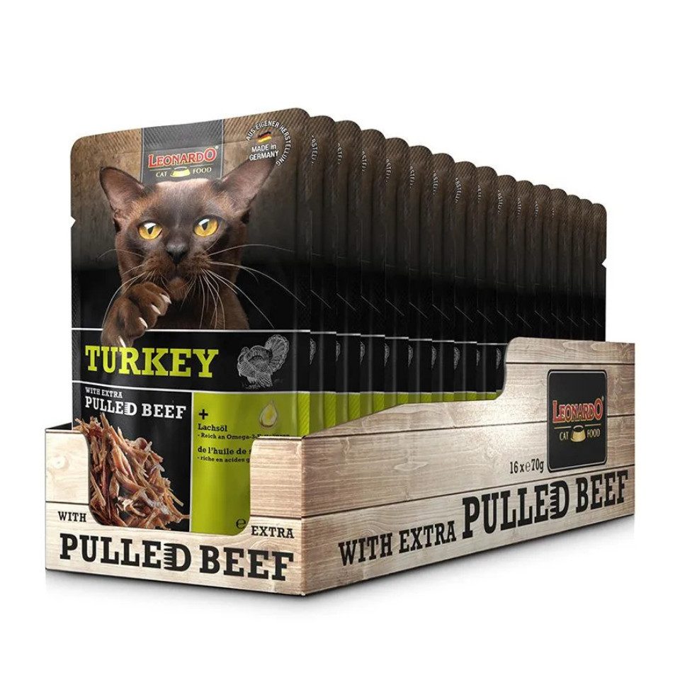 Leonardo Catfood Turkey with extra Pulled Beef - Truthahnpaté mit Rindfleisch 16x70g, Nassfutter für: Katzen