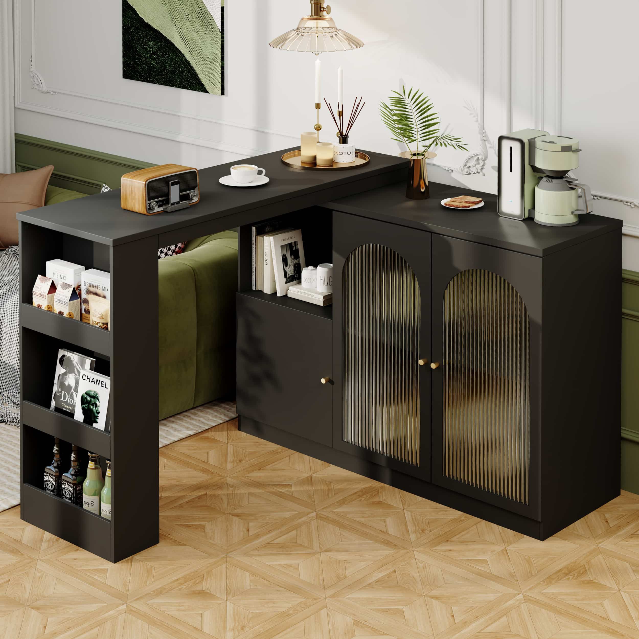 BBWL Barschrank Um 360° drehbarer Bartisch 120x40x97 cm aus MDF (moderner Ess- und Barschrank mit Glastüren, vielseitiger Aufbewahrungsschrank für Küche, Wohnzimmer & Esszimmer)